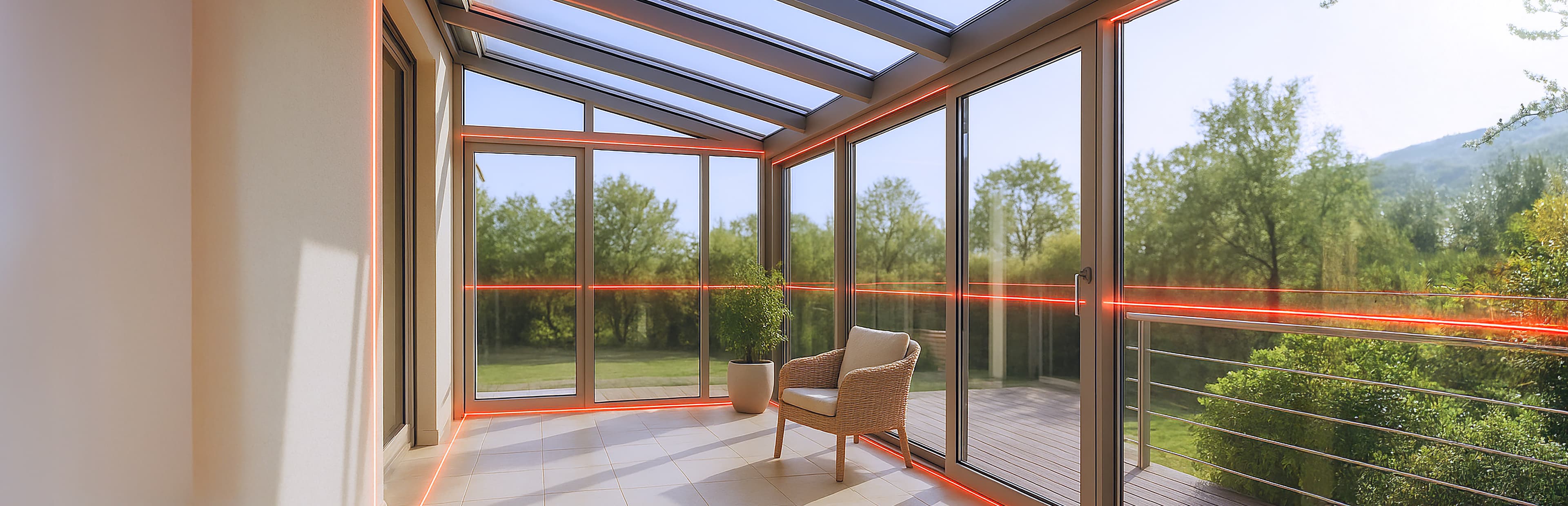 Ein modernes Sonnenzimmer mit großen Glasfenstern und einer Decke, in dem ein einzelner Korbstuhl und eine Topfpflanze stehen. Orangefarbene Akzentbeleuchtung verläuft entlang des Bodens und des Geländers, mit Blick auf einen grünen Hof und Bäume draußen.