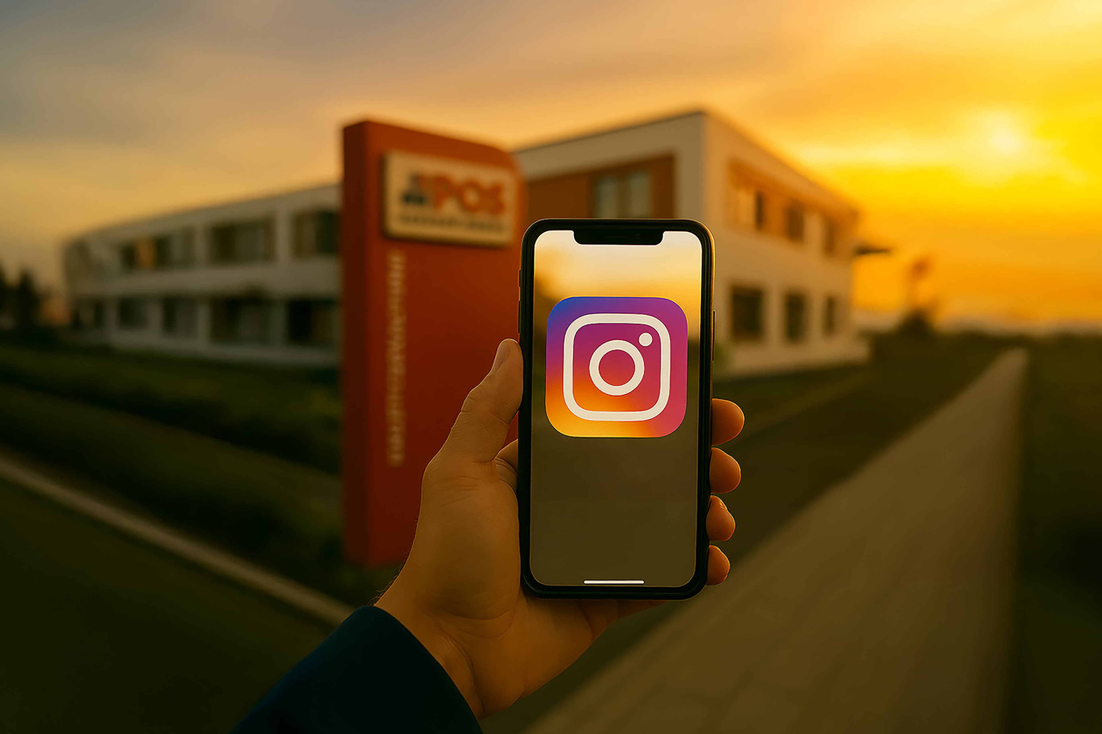 Eine Hand hält ein Smartphone mit dem Instagram-Logo vor einem modernen Gebäude bei Sonnenuntergang, wobei ein rot-weißes Schild im Hintergrund verschwimmt.