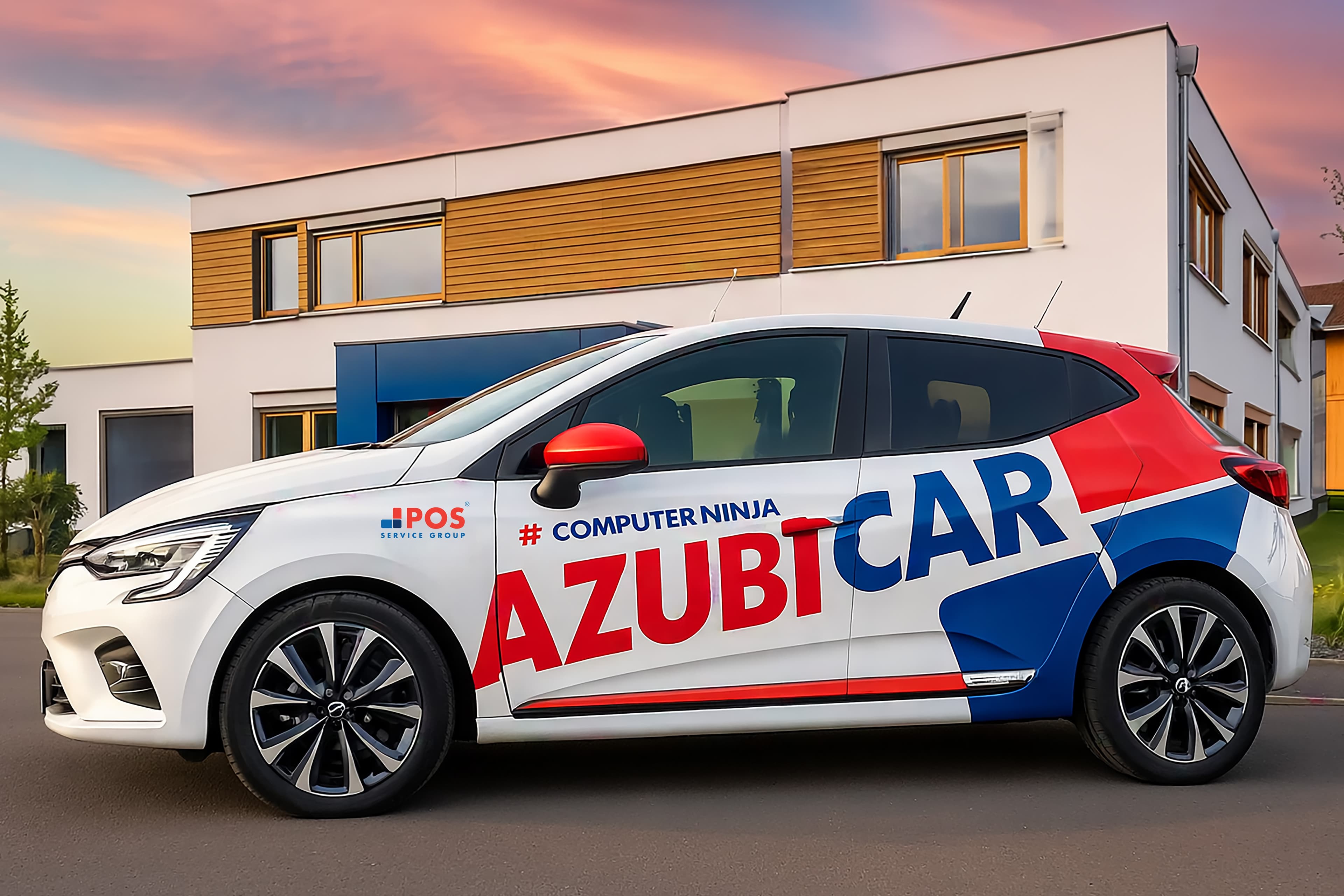 Een witte compacte auto geparkeerd voor moderne gebouwen, met vetgedrukte rode, blauwe en zwarte tekst #COMPUTER NINJA AZUBICAR en een bedrijfslogo op de deur.