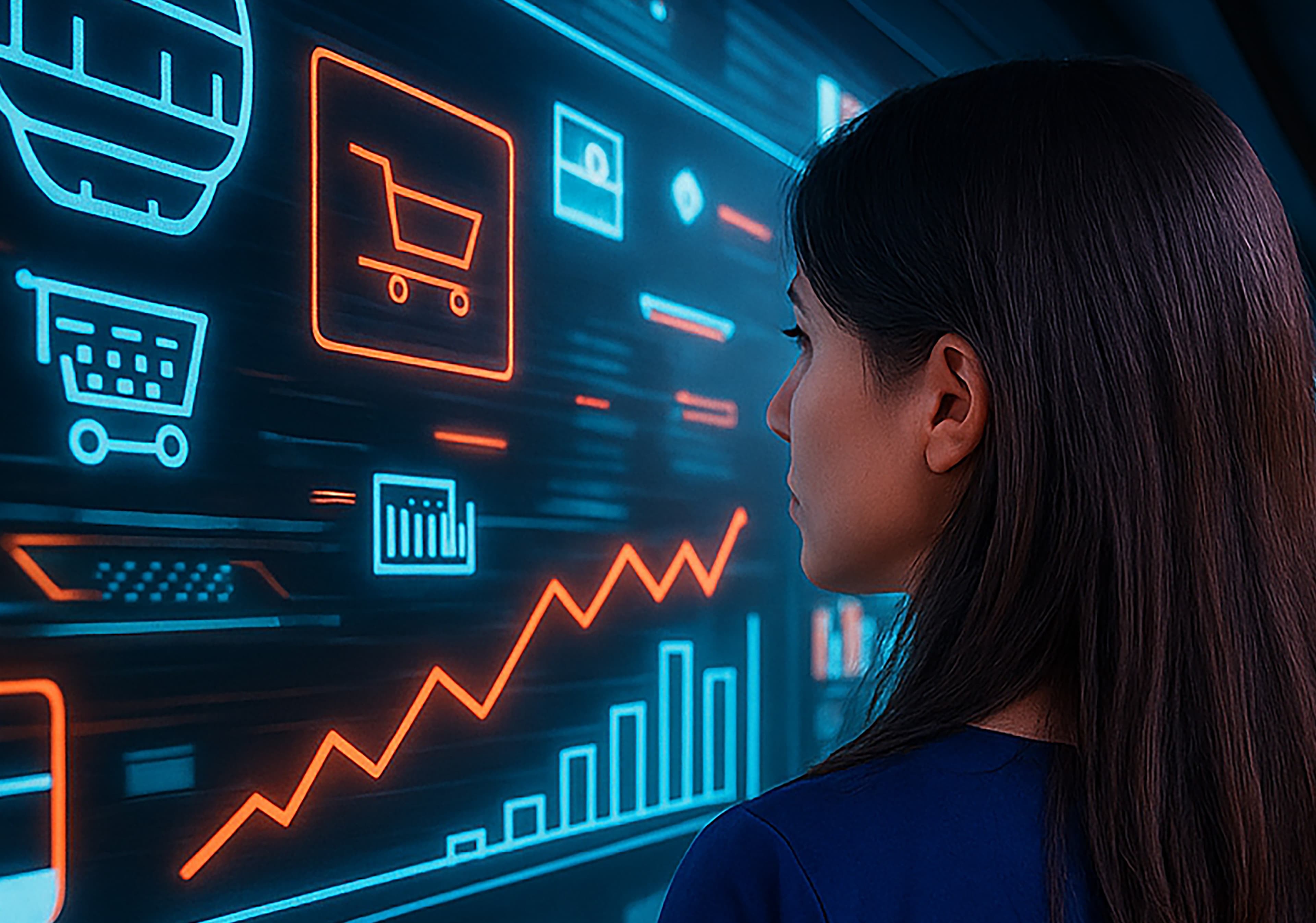 A woman looks at a large digital screen displaying shopping cart icons, bar graphs, and a rising line graph, representing data analysis and online shopping trends. The screen glows with blue and orange neon colors.