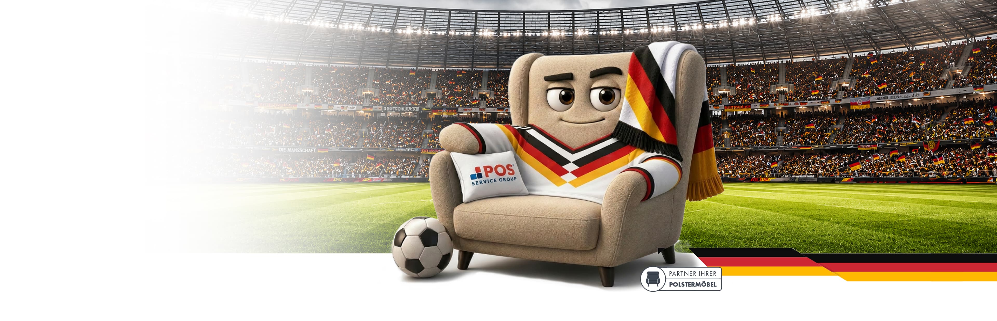 A cartoon armchair with a smiling face, wearing a German flag-themed scarf and jersey, sits on a soccer field inside a packed stadium. A soccer ball is by its foot, and a pillow with iPOS rests on the chair.