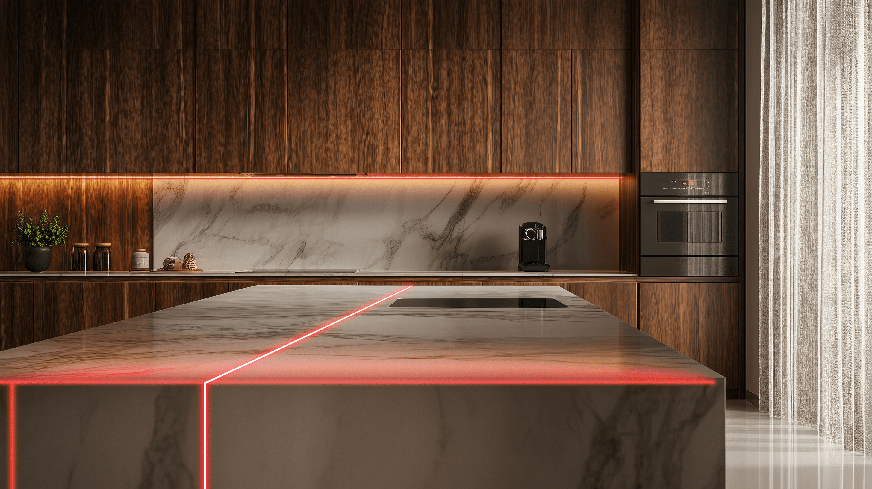 Moderne keuken met donkerhouten kasten, marmeren werkbladen en achterwand, ingebouwde oven, koffiezetapparaat en een marmeren eiland met een gloeiend rood LED-accent. Natuurlijk licht valt door de gordijnen aan de rechterkant.