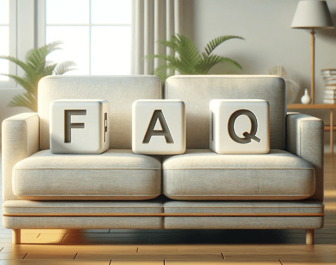 Un salon confortable avec un canapé beige. Trois grands blocs avec les lettres F, A et Q sont placés sur les coussins, épelant FAQ. La lumière du soleil entre à flots et des plantes vertes décorent l'arrière-plan.