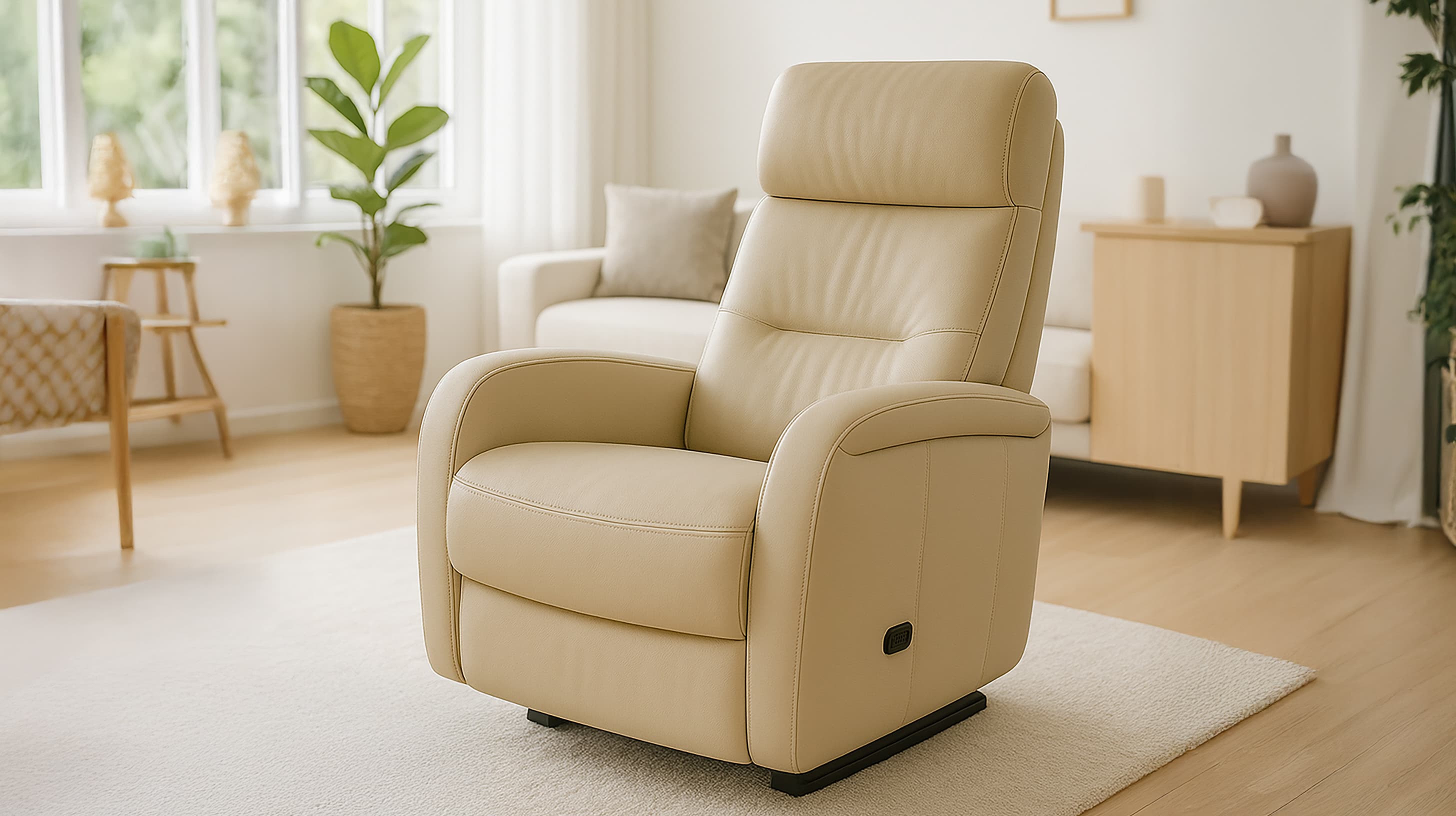 Un fauteuil inclinable en cuir beige est posé sur un tapis de couleur claire dans un salon moderne et lumineux avec des meubles en bois, un canapé, une plante en pot et la lumière naturelle des grandes fenêtres.