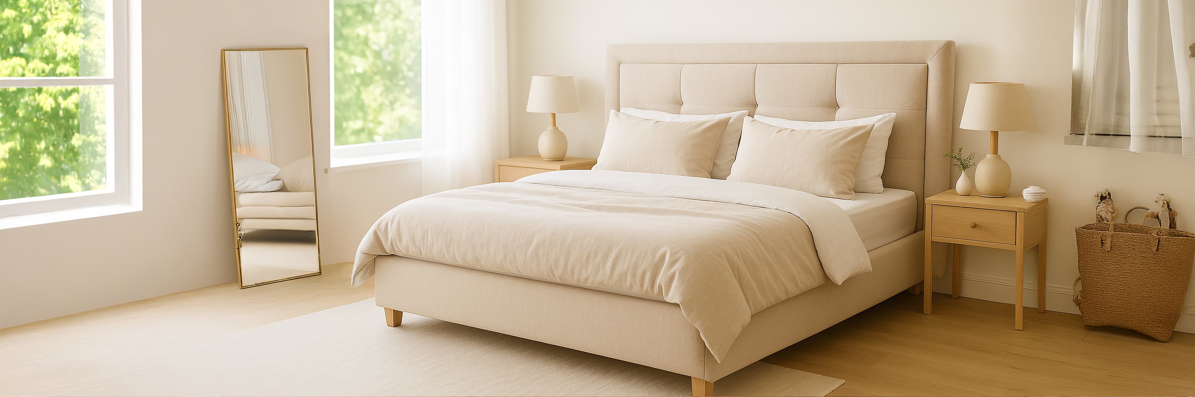 Une chambre à coucher lumineuse et minimaliste avec un lit beige rembourré, une literie assortie, des tables de nuit en bois avec des lampes, un grand miroir au sol, un panier tressé et des planchers en bois clair. La lumière du soleil pénètre par de grandes fenêtres.