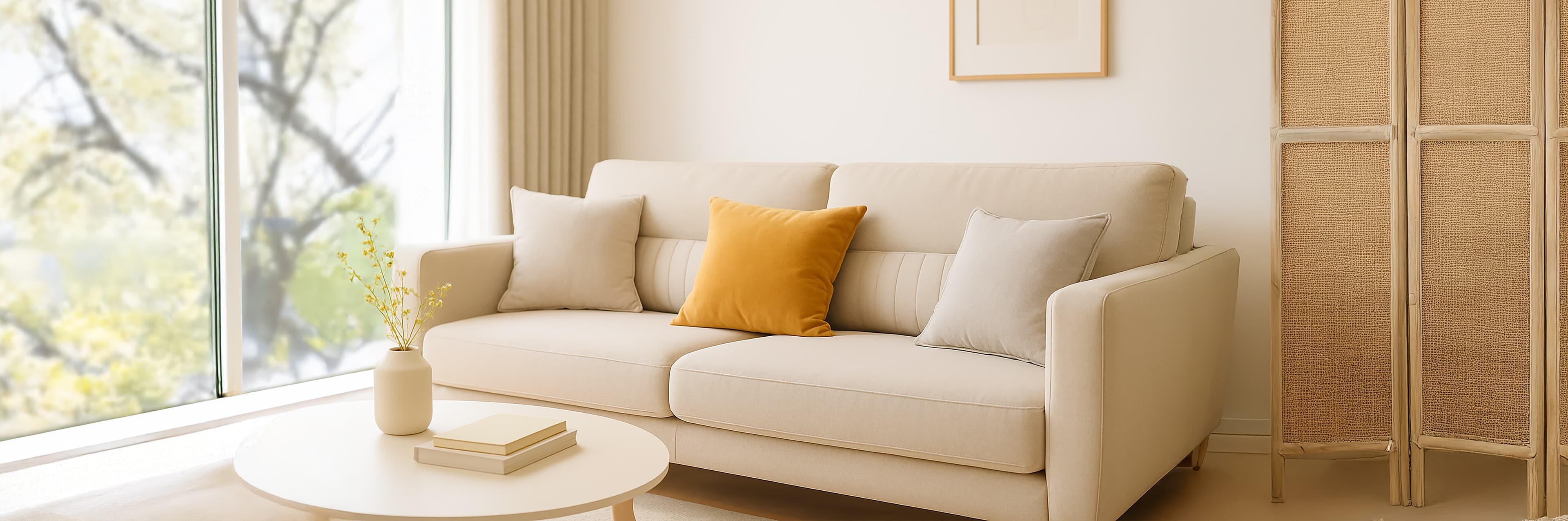 Un salon moderne avec un canapé beige, des coussins gris et jaunes, une table basse ronde blanche avec des livres et un vase, une cloison tissée et de grandes fenêtres laissant entrer la lumière naturelle.