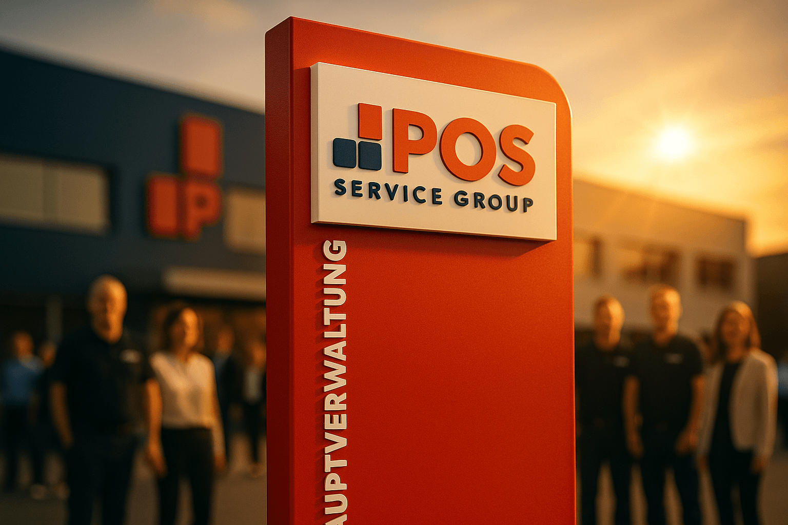 A red sign reading “POS Service Group Hauptverwaltung” stands in focus outside a modern building, with four blurred people and warm sunlight in the background.