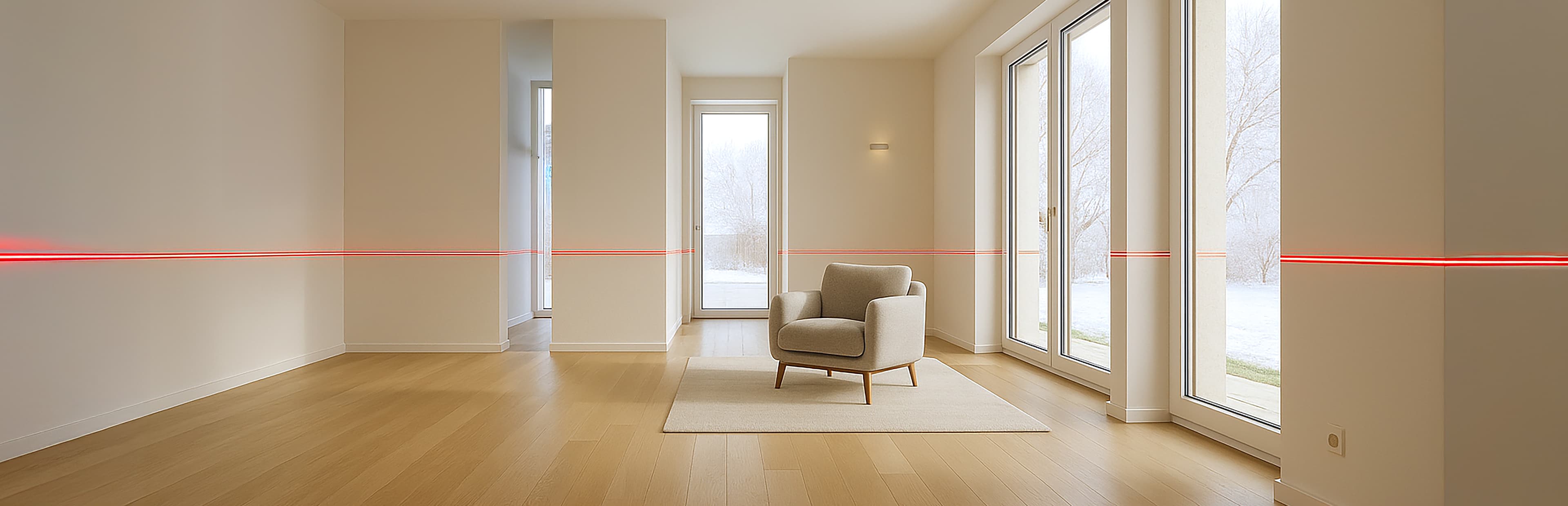 Ein modernes, minimalistisches Wohnzimmer mit hellem Holzboden, großen Fenstern und einem einzelnen Sessel auf einem Teppich. Rote Laserstrahlen verlaufen horizontal durch den Raum auf halber Wandhöhe.
