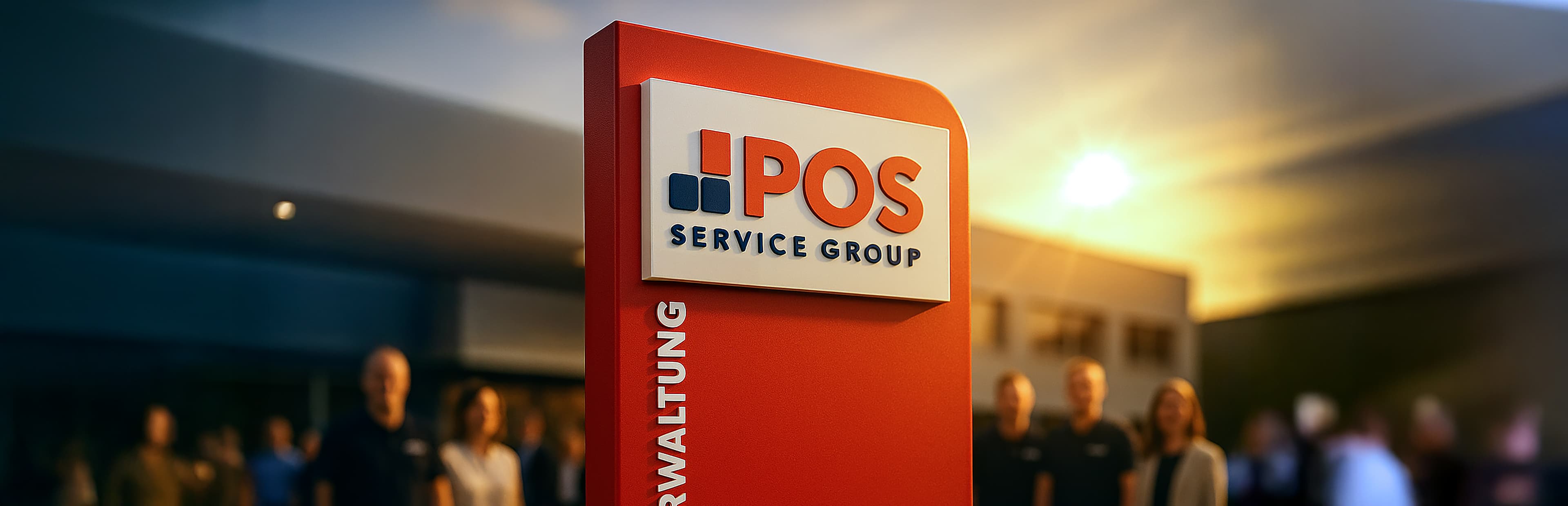 Een rood bord met het logo en de tekst POS Service Group staat in focus, terwijl verschillende mensen vaag op de achtergrond verschijnen, wat een kantoor of zakelijke omgeving suggereert.