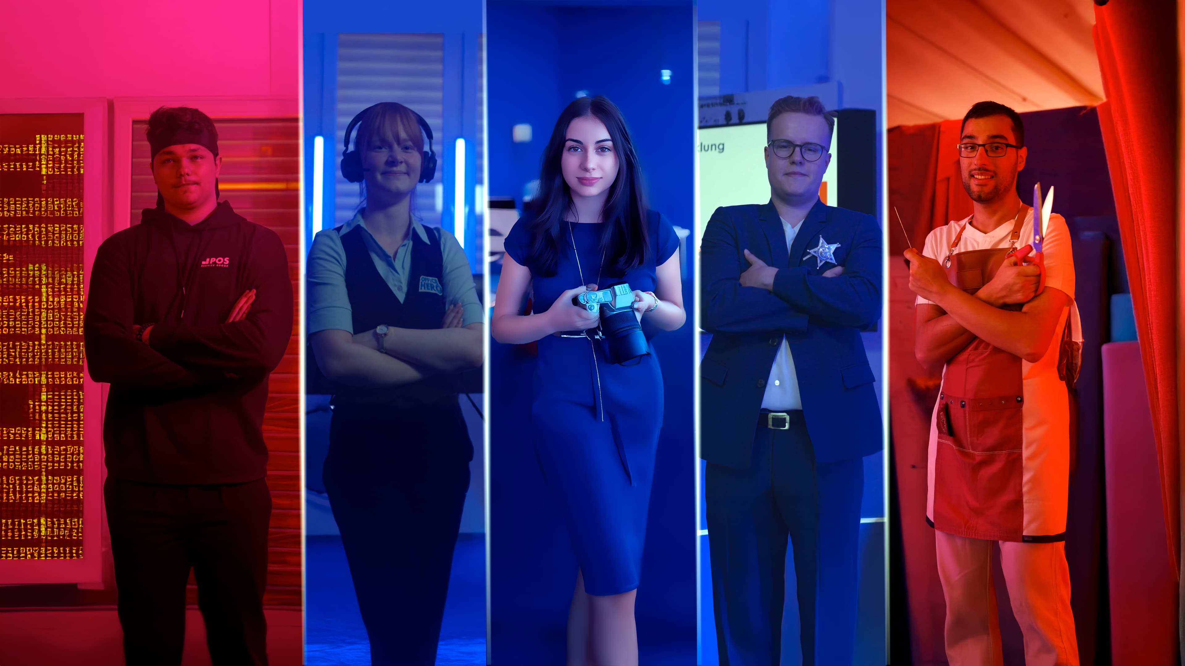 Five people stand side by side, each in different colored lighting and work attire, suggesting diverse professions: technician, operator, photographer, businessperson, and chef, all looking confidently at the camera.