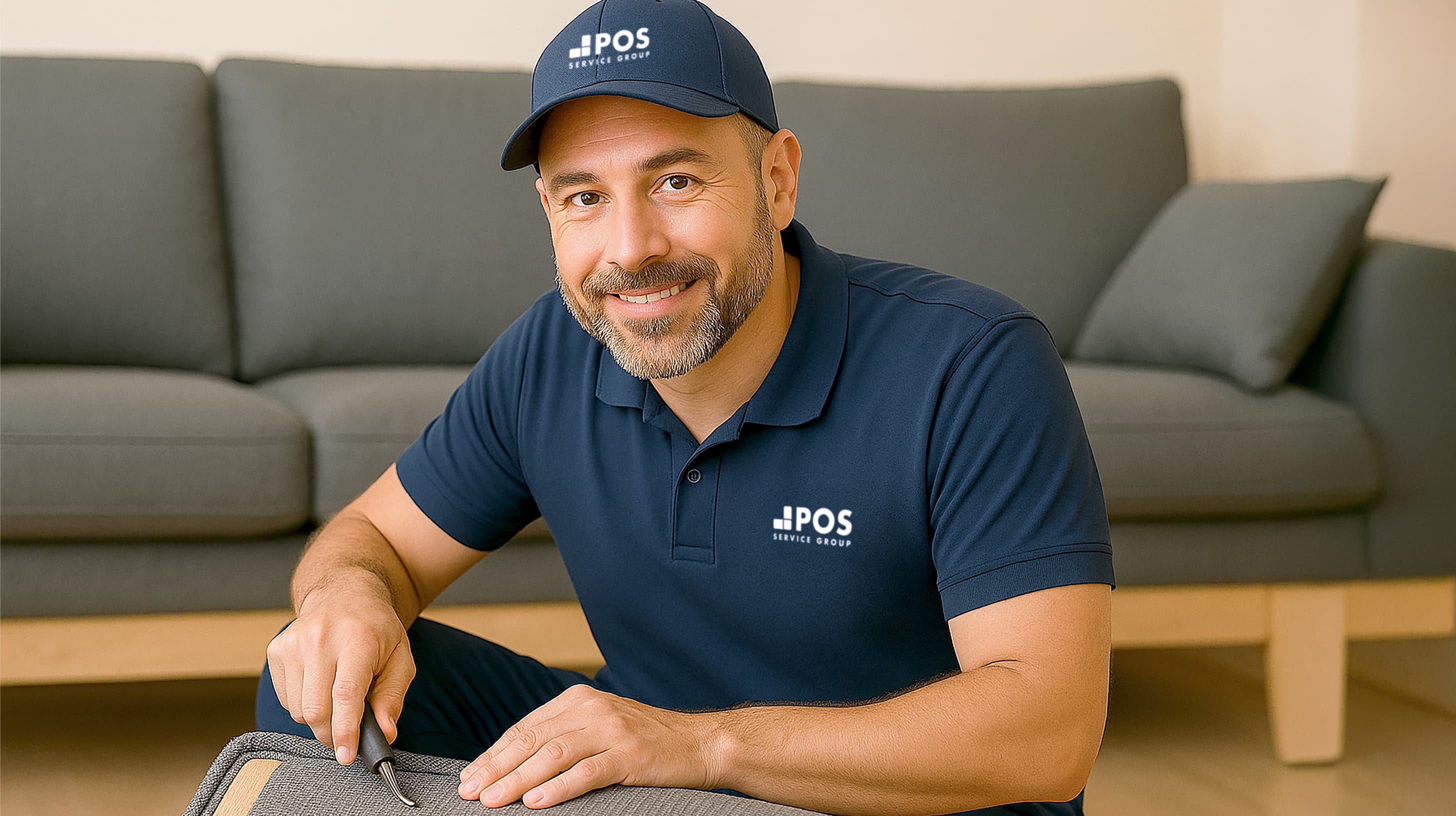 Een lachende man in een marineblauw poloshirt en pet met POS Service Group-logo zet meubels in elkaar met gereedschap in een moderne woonkamer met een grijze bank op de achtergrond.