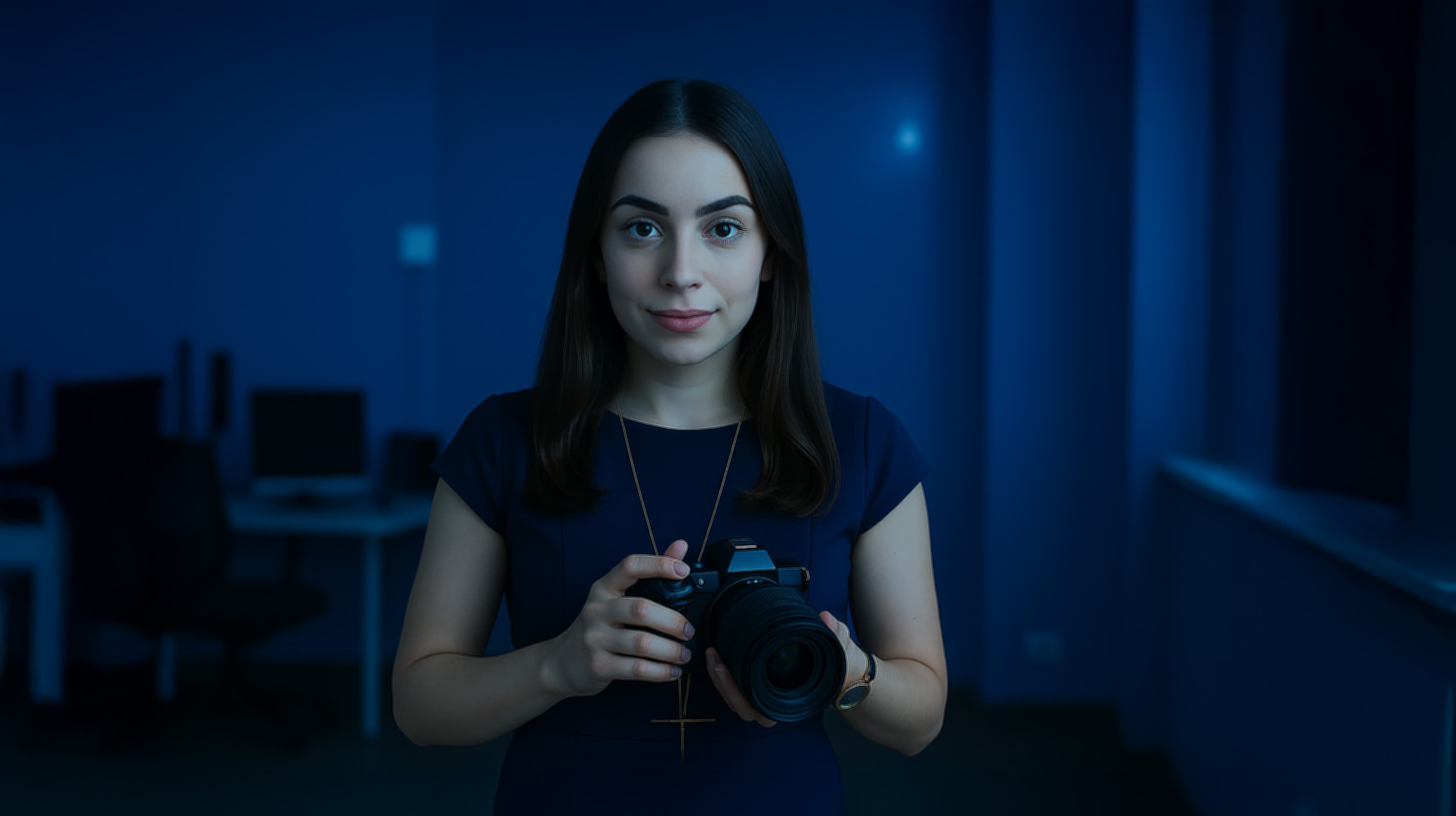 A woman with straight dark hair stands indoors in a dimly lit room with blue walls. She is holding a camera and looking directly at the viewer, wearing a dark dress and a necklace. Computer desks are visible in the background.