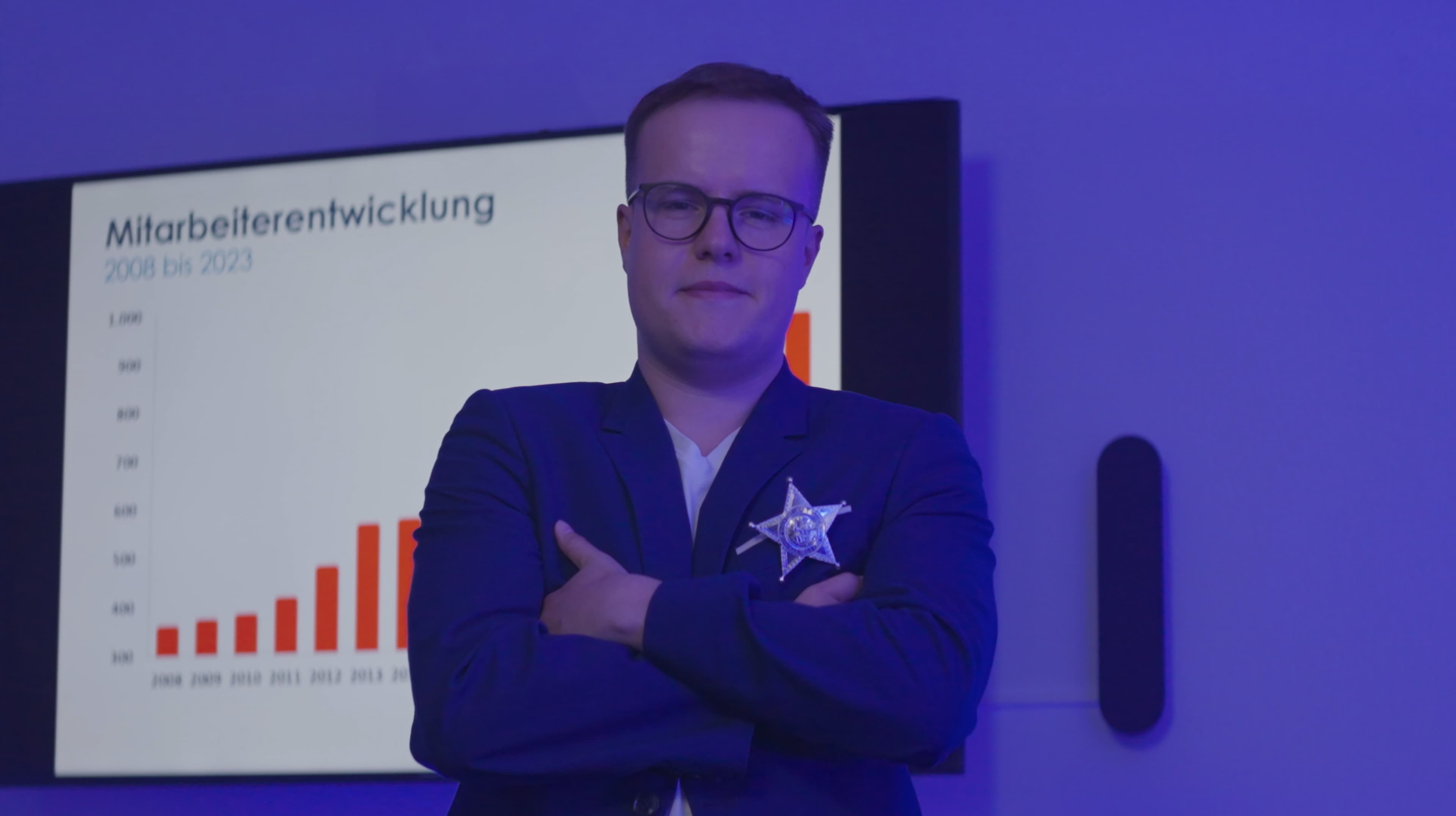 A man in a suit with a star-shaped badge crosses his arms and stands in front of a screen displaying a German bar chart titled Mitarbeiterentwicklung 2008 bis 2023, lit in blue light.
