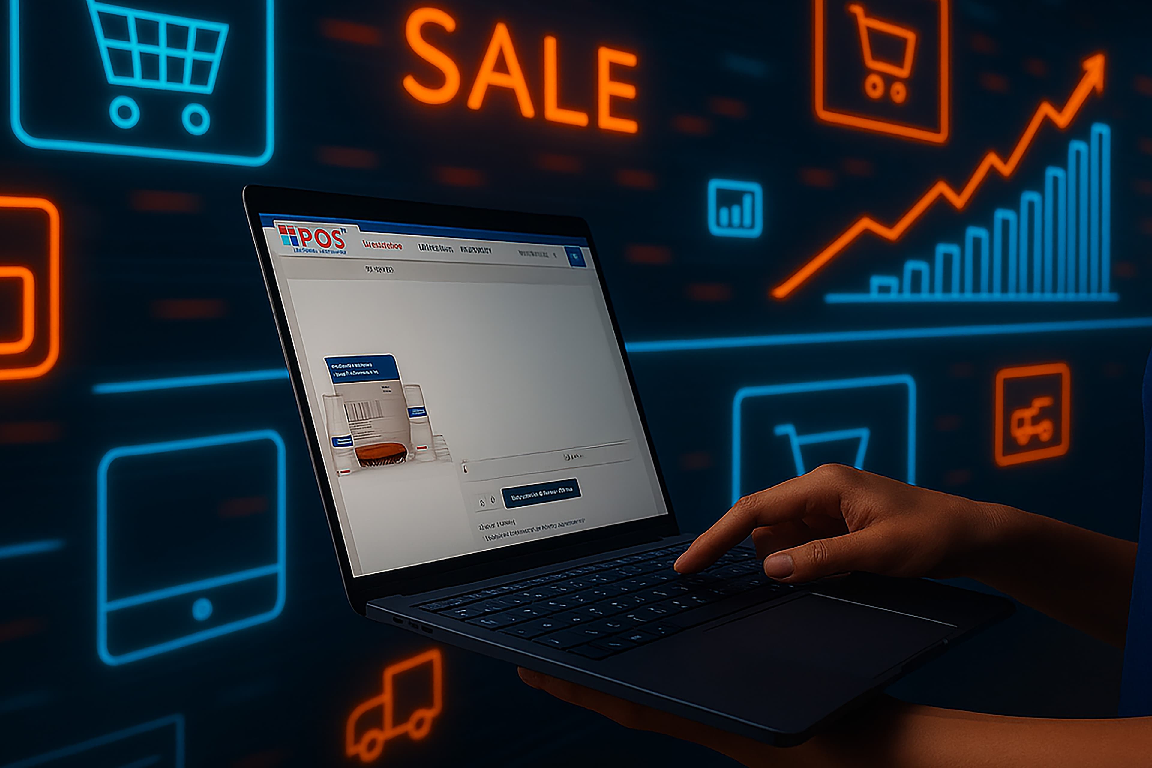 Een persoon gebruikt een laptop met een interface van een point-of-sale (POS) software. Op de achtergrond lichten digitale pictogrammen van winkelwagentjes, verkoopgrafieken en het woord SALE op in blauw en oranje.