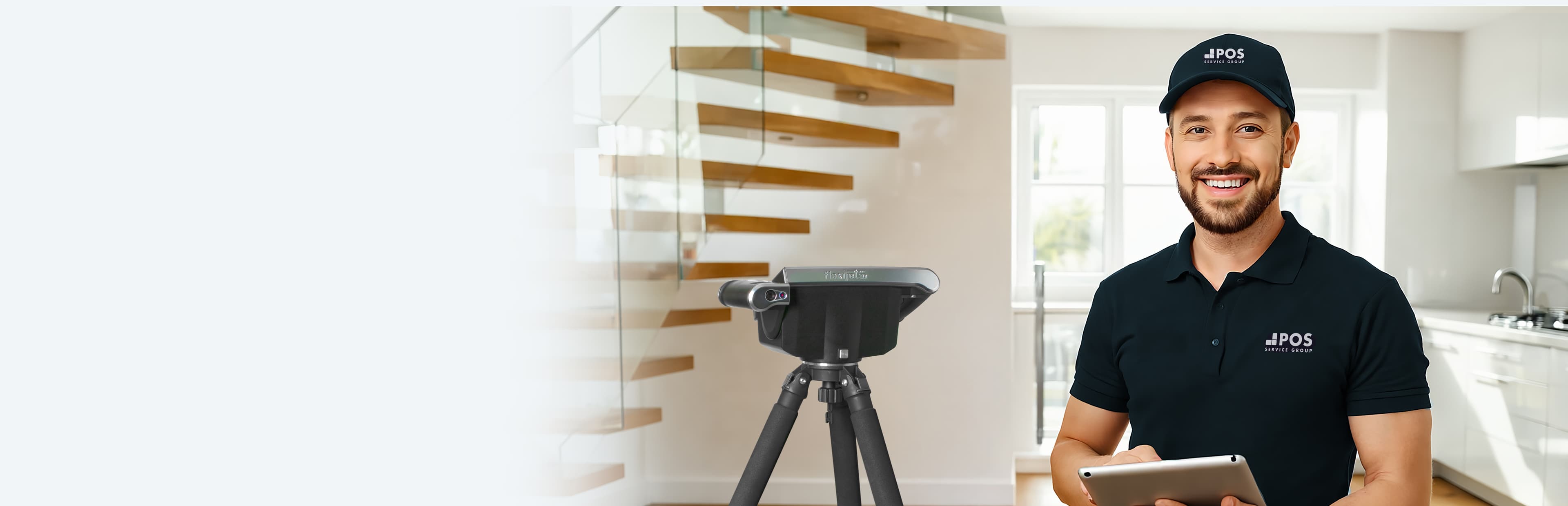 Ein lächelnder Mann mit schwarzem Hemd und Mütze, der ein Tablet in der Hand hält, steht neben einem auf einem Stativ montierten 3D-Scangerät in einem modernen, hellen Haus mit einer Holztreppe im Hintergrund.