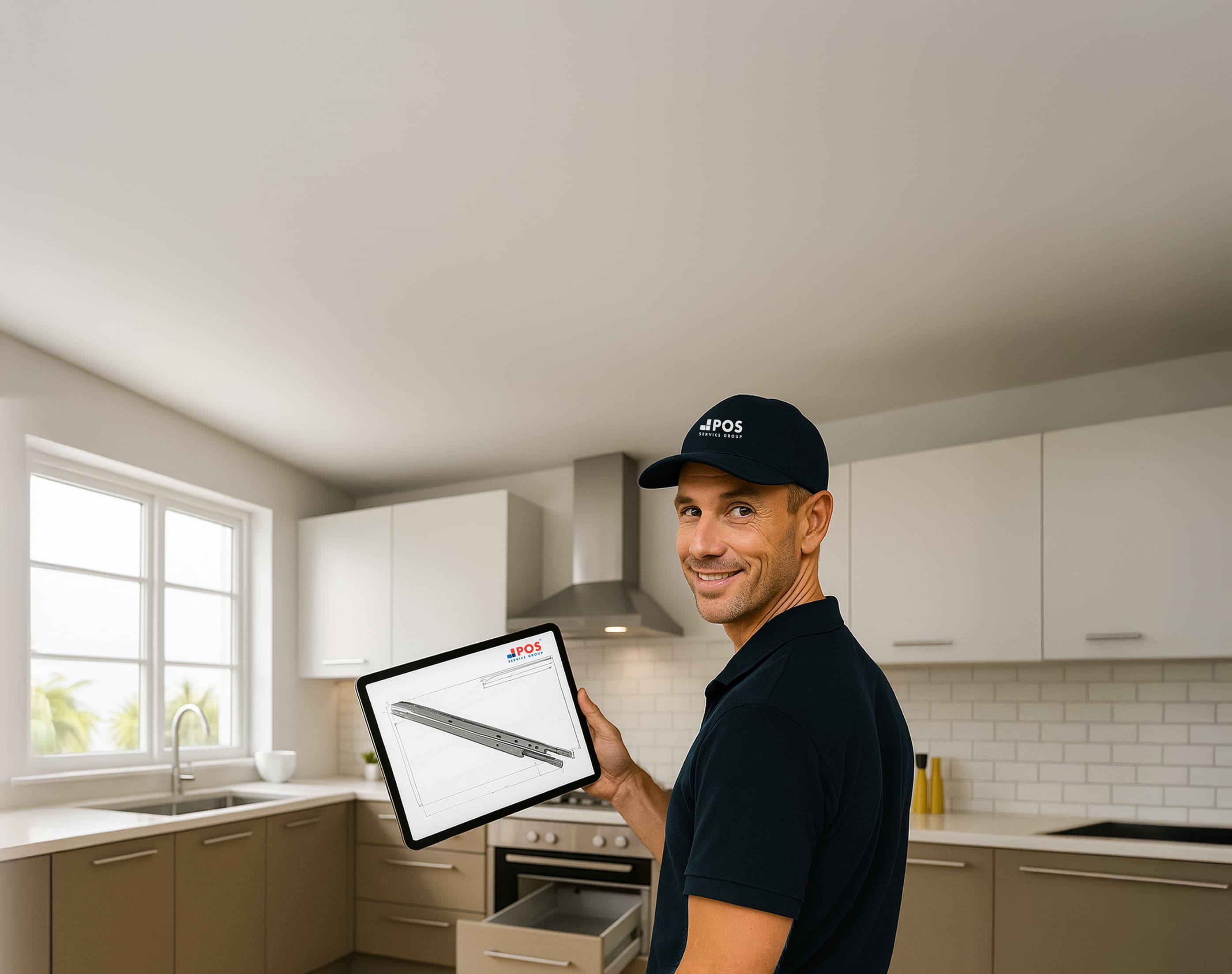 Ein Mann in dunklem Polohemd und Mütze hält ein Tablet mit einem Produktdiagramm in der Hand und steht lächelnd in einer hellen, modernen Küche mit weißen Schränken und einem Fenster.