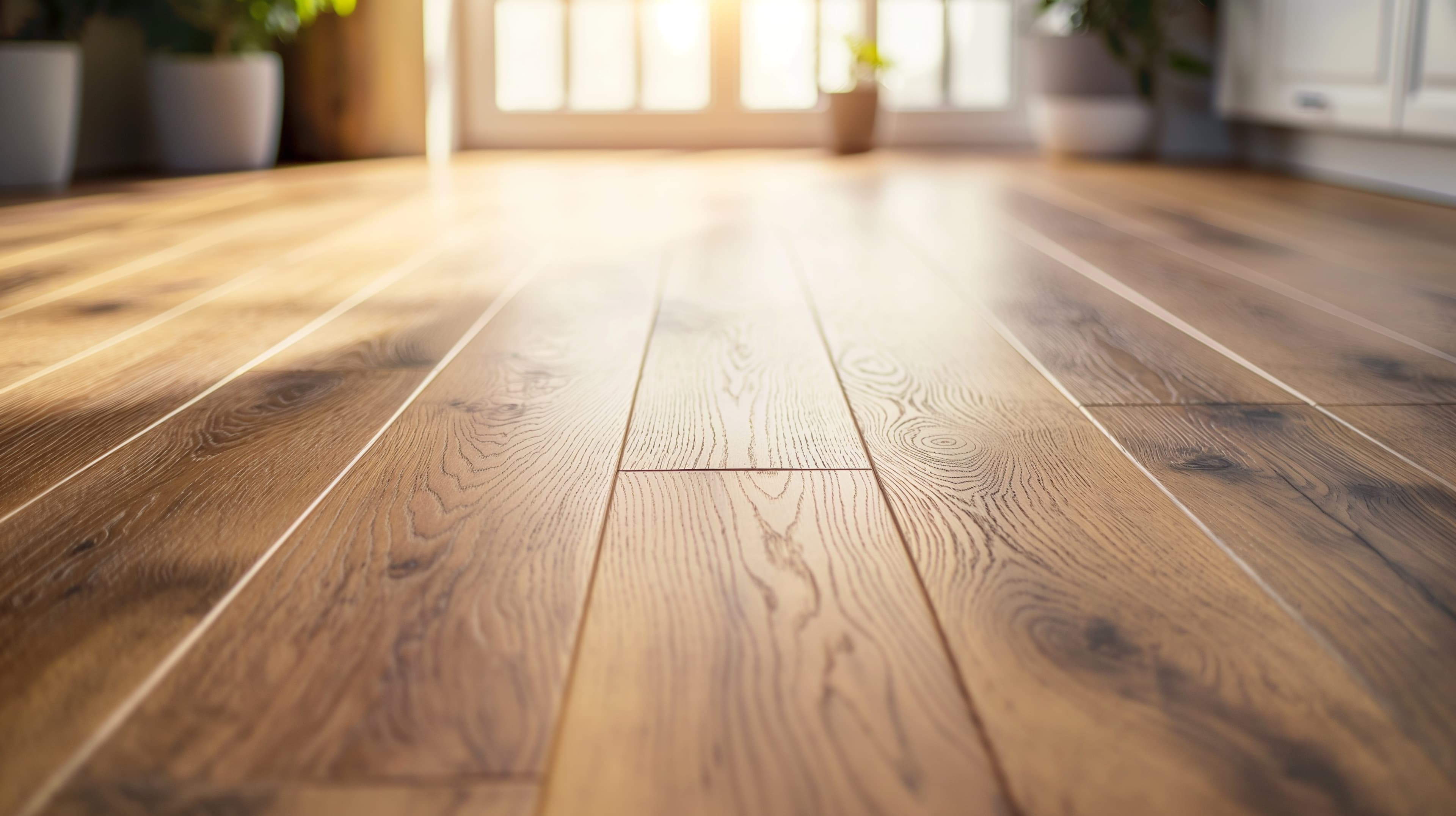 La lumière du soleil pénètre par les fenêtres sur un sol en bois propre avec un motif de grain naturel, créant une atmosphère chaleureuse et invitante dans une pièce moderne et lumineuse avec des plantes en pot à l'arrière-plan.