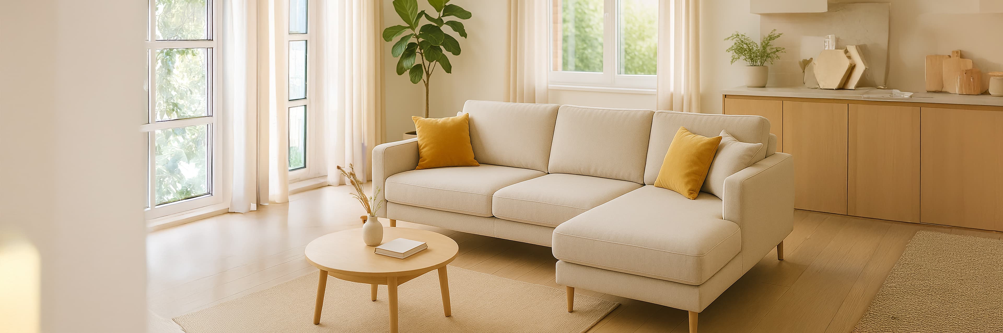 Un salon moderne et lumineux avec de grandes fenêtres, un canapé sectionnel beige, des coussins d'appoint jaunes, une table basse ronde en bois, un sol en bois clair et une plante en pot dans le coin. L'espace est aéré et minimaliste.