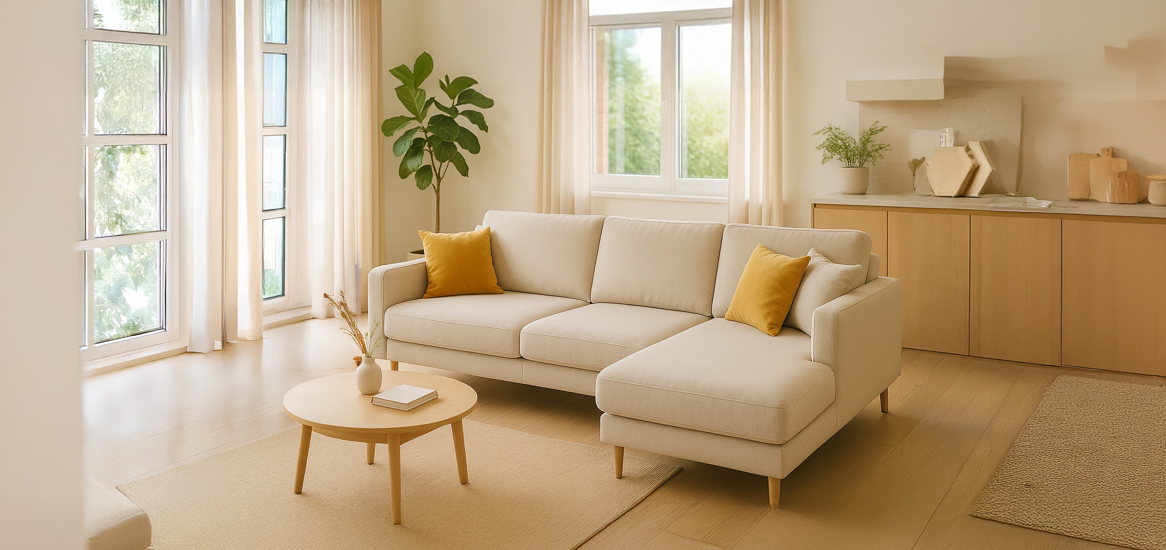 Un salon moderne et lumineux avec un canapé sectionnel beige, deux coussins d'appoint jaunes, une table basse ronde en bois, une grande plante en pot et la lumière naturelle qui pénètre par de grandes fenêtres et des rideaux transparents.