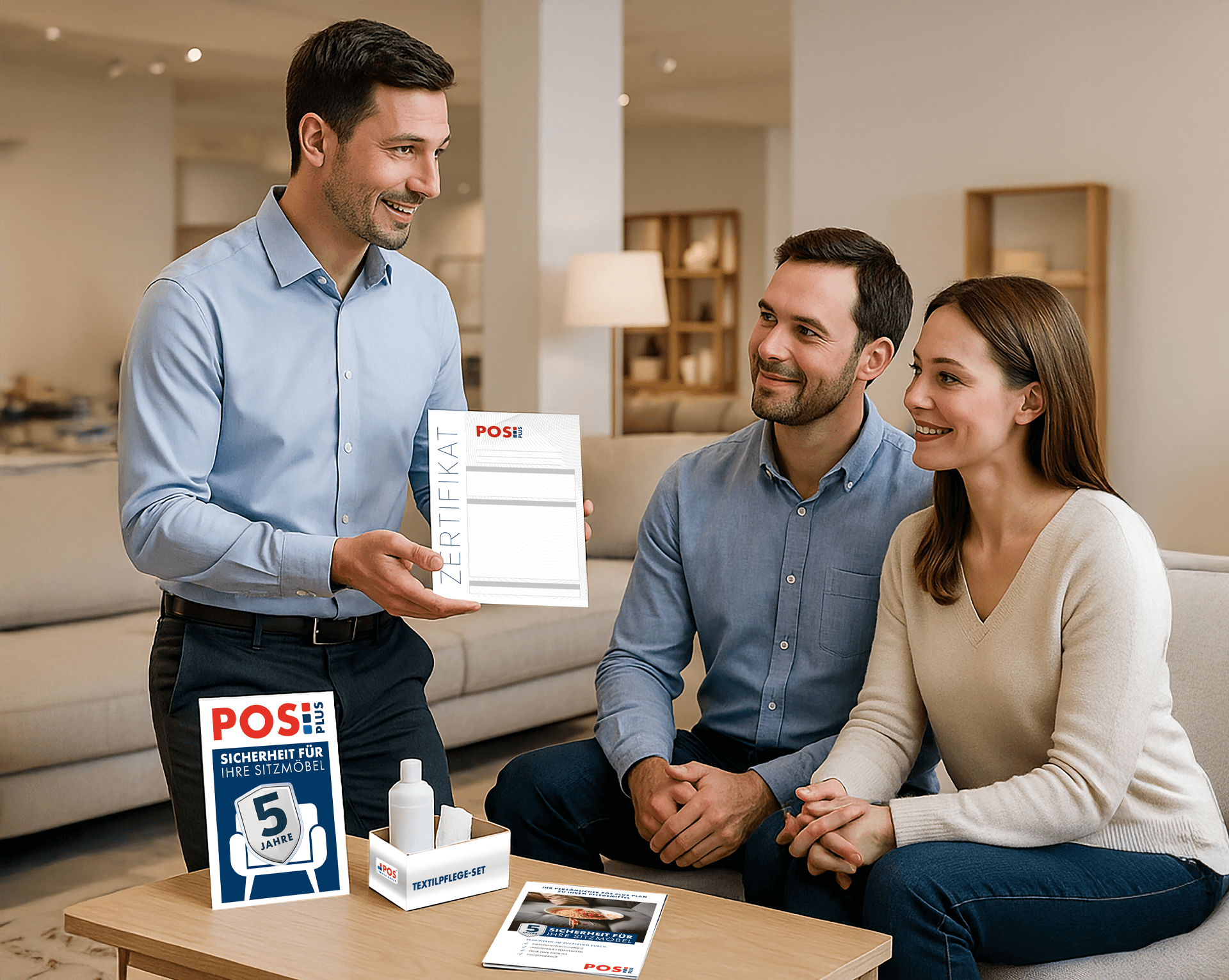Un homme en chemise bleue montre un certificat à un couple souriant assis sur un canapé. Sur la table devant eux se trouvent des brochures, une bouteille de désinfectant et une petite boîte dans un salon moderne et lumineux.