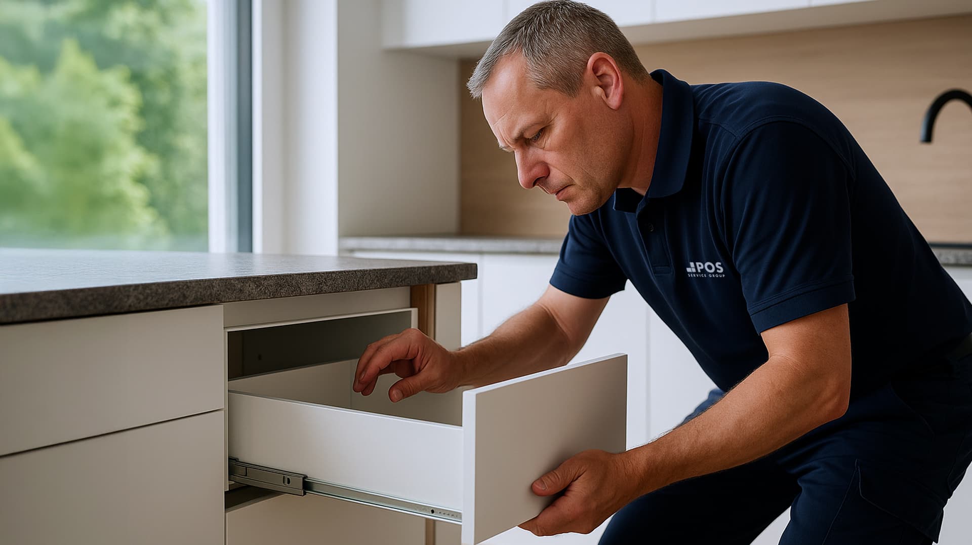 A man in a navy blue shirt inspects or repairs a white kitchen drawer in a modern, bright kitchen with light-colored cabinets and a large window in the background.