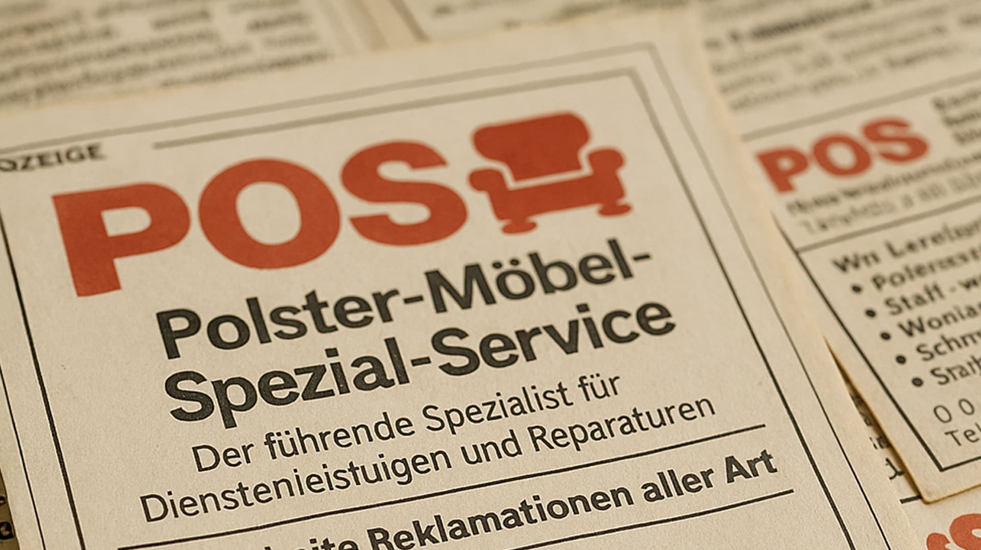 A close-up of a German newspaper advertisement for “Polster-Möbel-Spezial-Service” featuring a red logo with a couch graphic. The ad promotes upholstery and furniture repair services.