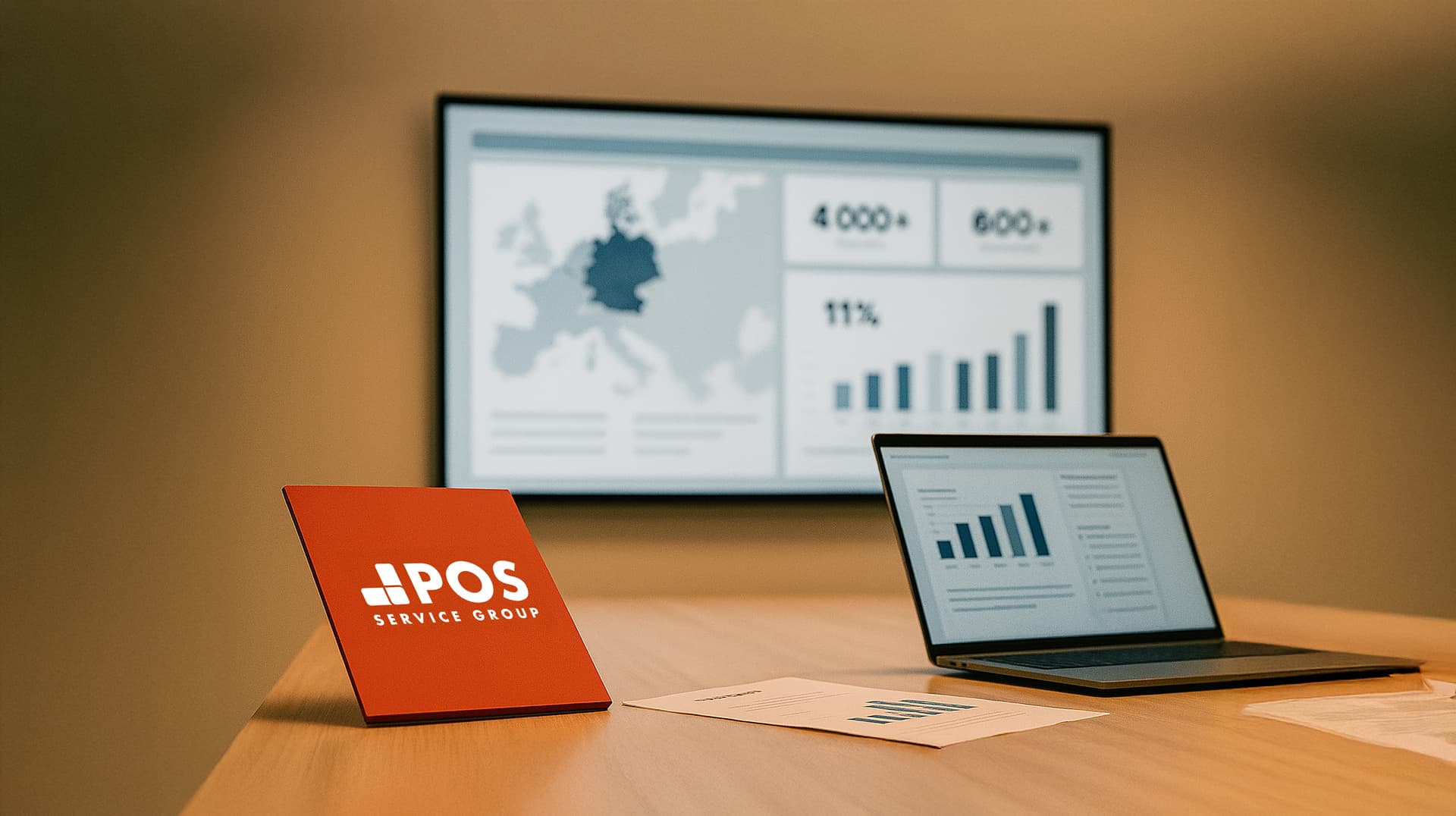 Een bureau met een bord van POS Service Group, een laptop met staafdiagrammen, twee vellen papier met grafieken en een scherm op de achtergrond met grafieken en een kaart van Europa.