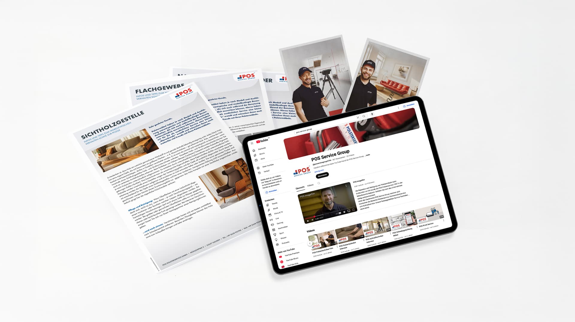 Ein iPad, das den YouTube-Kanal der POS Hotline Group zeigt, steht auf einer weißen Fläche neben gedruckten Broschüren und Fotos von Menschen und Möbeln.