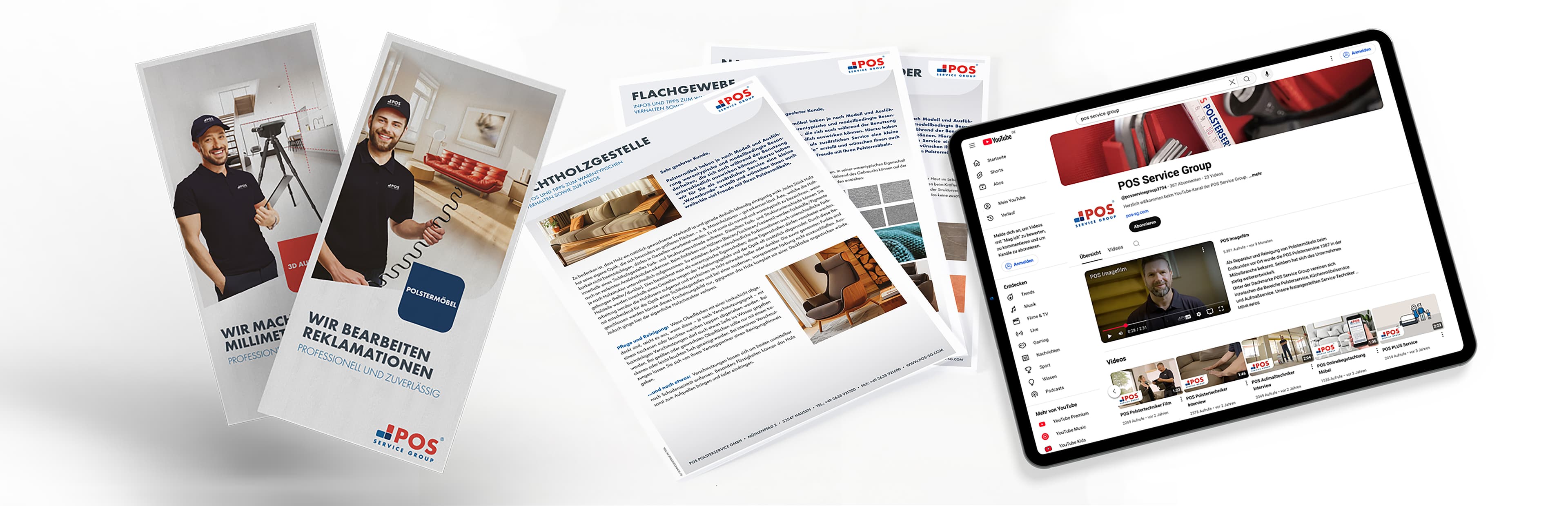 Een set POS-brochures en -documenten naast een tablet met een pagina van een YouTube-kanaal, waarop een man in een zwart overhemd en verschillende beelden van interieuroppervlakken te zien zijn.