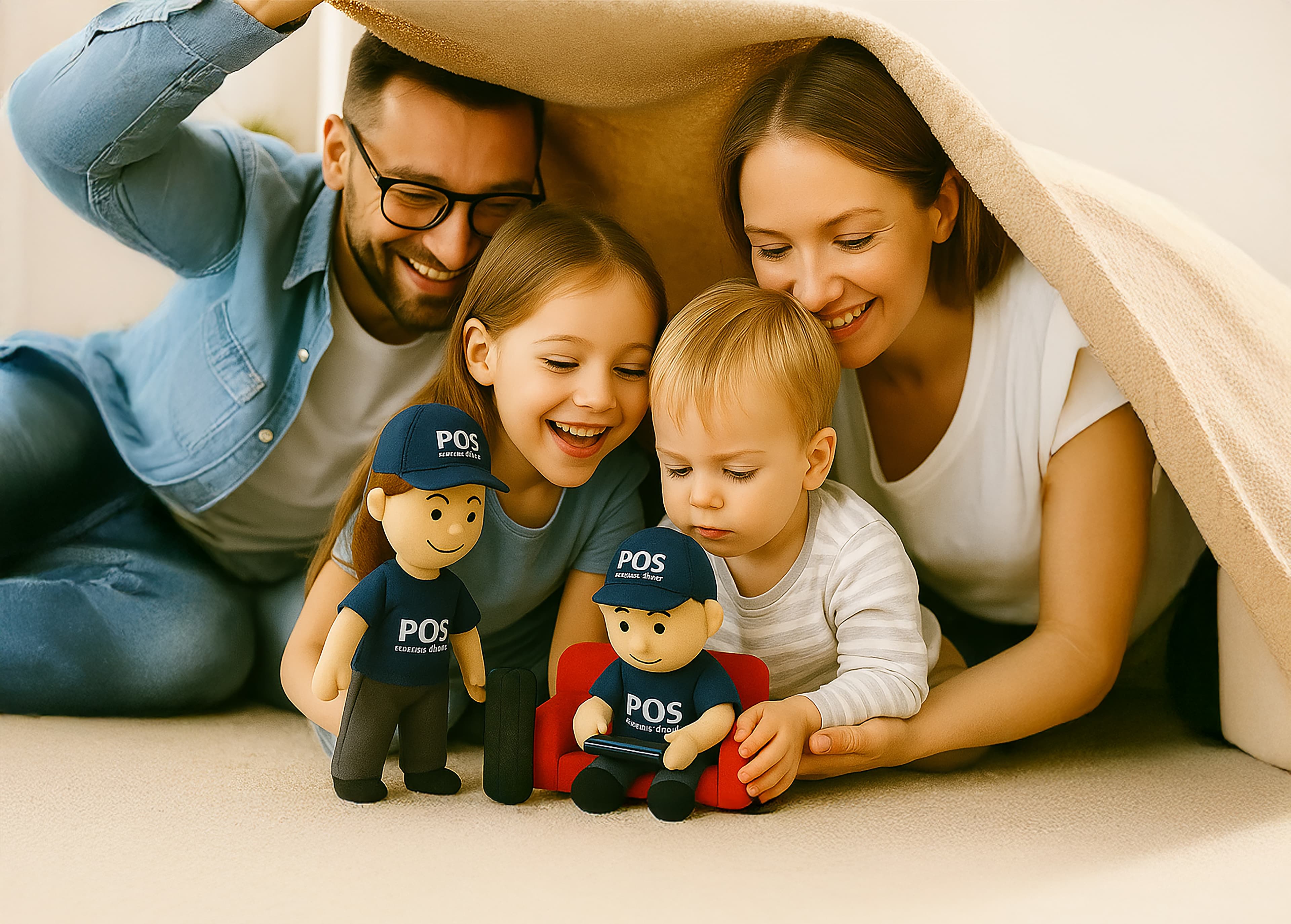 Een lachend gezin van vier - twee volwassenen en twee jonge kinderen - ligt onder een deken en speelt met twee pluchen poppen in blauwe "POS"-uniformen. Het tafereel is warm en vrolijk, iedereen is betrokken en gelukkig.