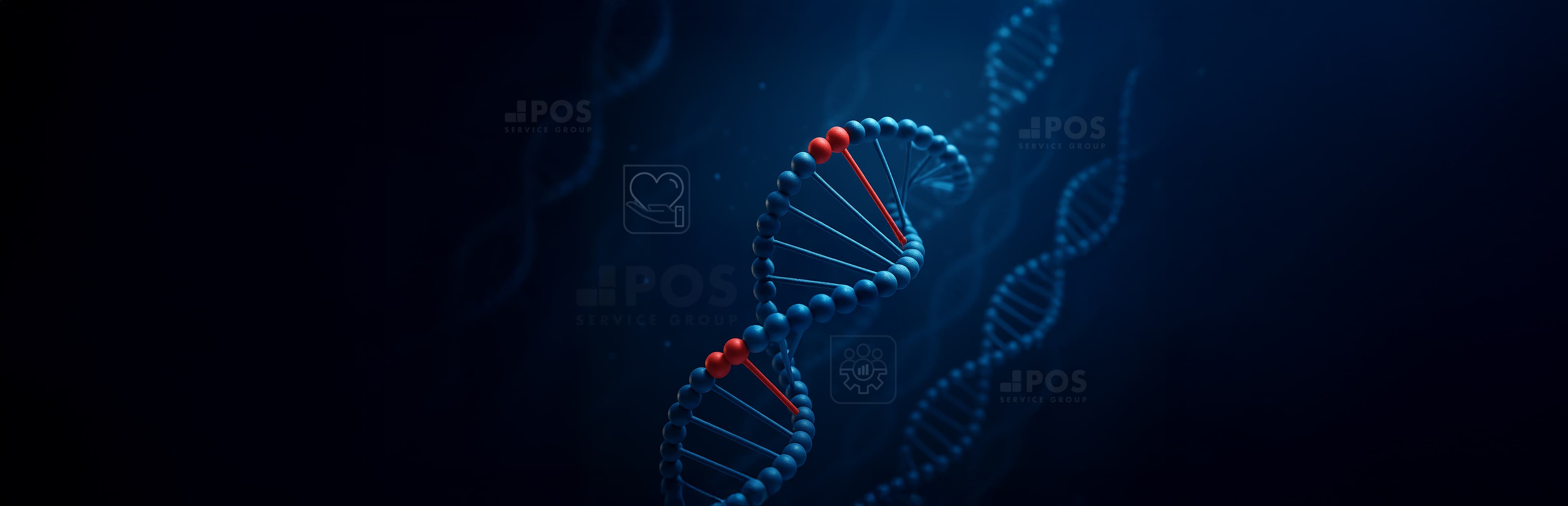 Een 3D-weergave van een blauwe dubbele DNA-helix met rode highlights op een donkerblauwe achtergrond, met vage contouren van andere DNA-strengen en subtiele wetenschappelijke pictogrammen.