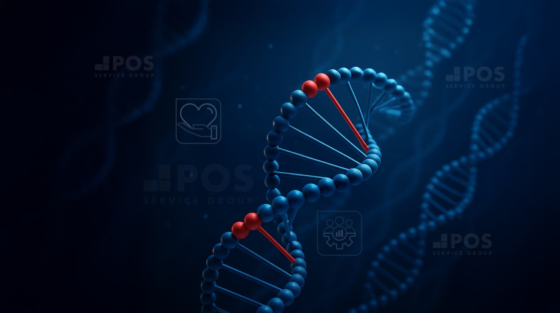 A 3D illustration of a DNA double helix strand with blue and red molecules on a dark blue background, featuring faint DNA strands and medical icons in the distance.
