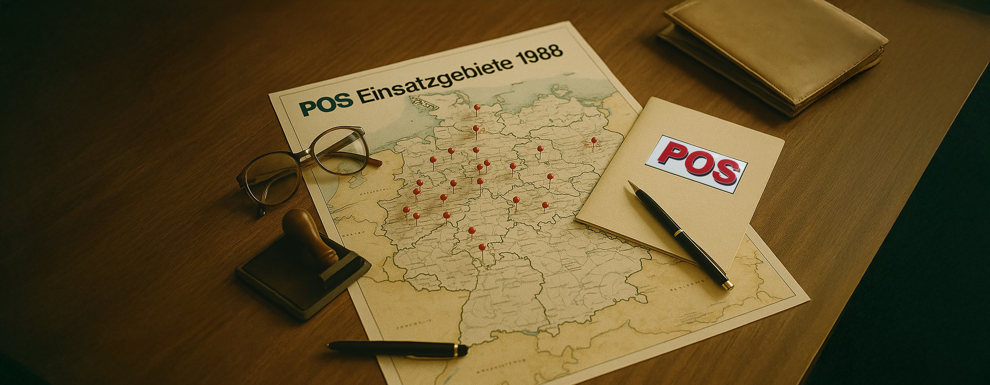 Un bureau avec une carte intitulée POS Einsatzgebiete 1988 montrant des épingles rouges à travers l'Allemagne, une paire de lunettes, un timbre, deux stylos, un carnet étiqueté POS et un portefeuille beige.