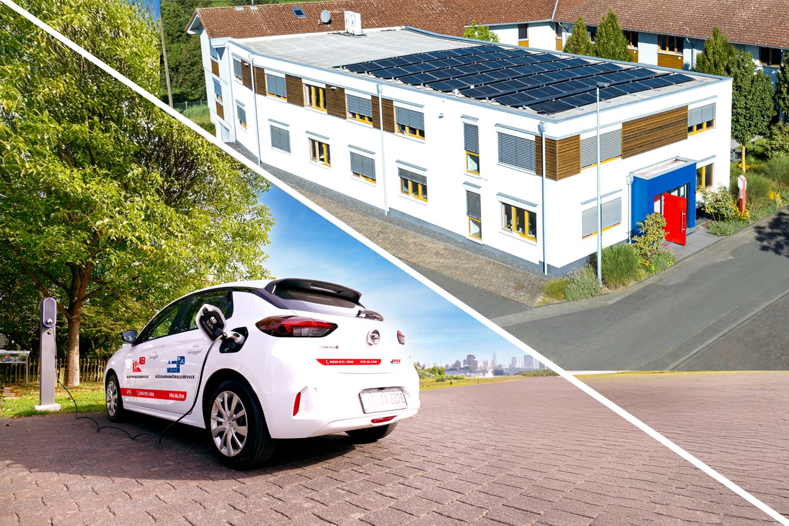 Een split-image toont een wit gebouw met zonnepanelen op het dak en daaronder een elektrische auto die oplaadt bij een station in een buitengebied met bomen en een stadsgezicht in de verte.