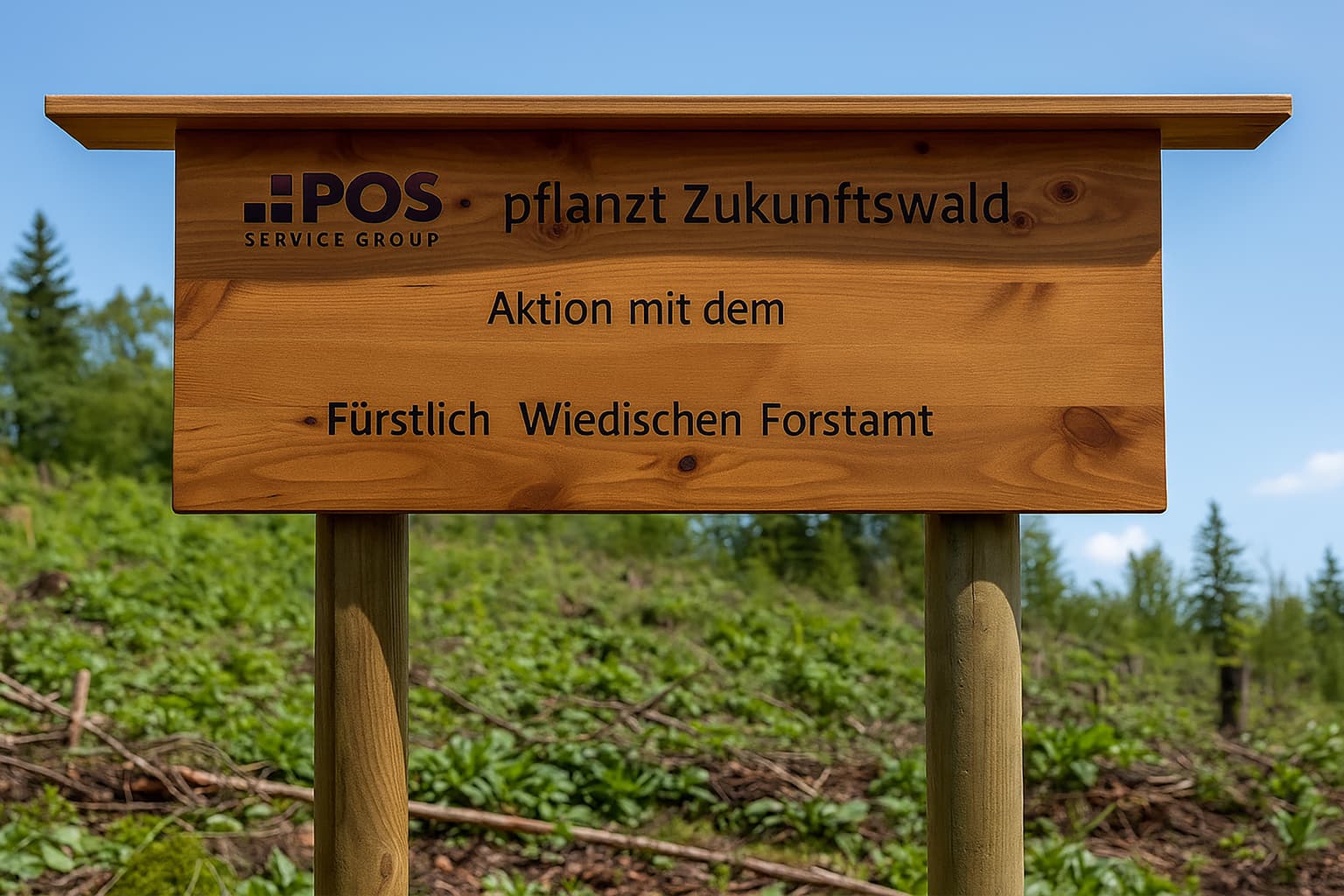 Op een houten bord in het Duits staat: POS Service Group pflanzt Zukunftswald. Aktion mit dem Fürstlich Wiedischen Forstamt. Op de achtergrond zijn groene bossen en blauwe lucht te zien.