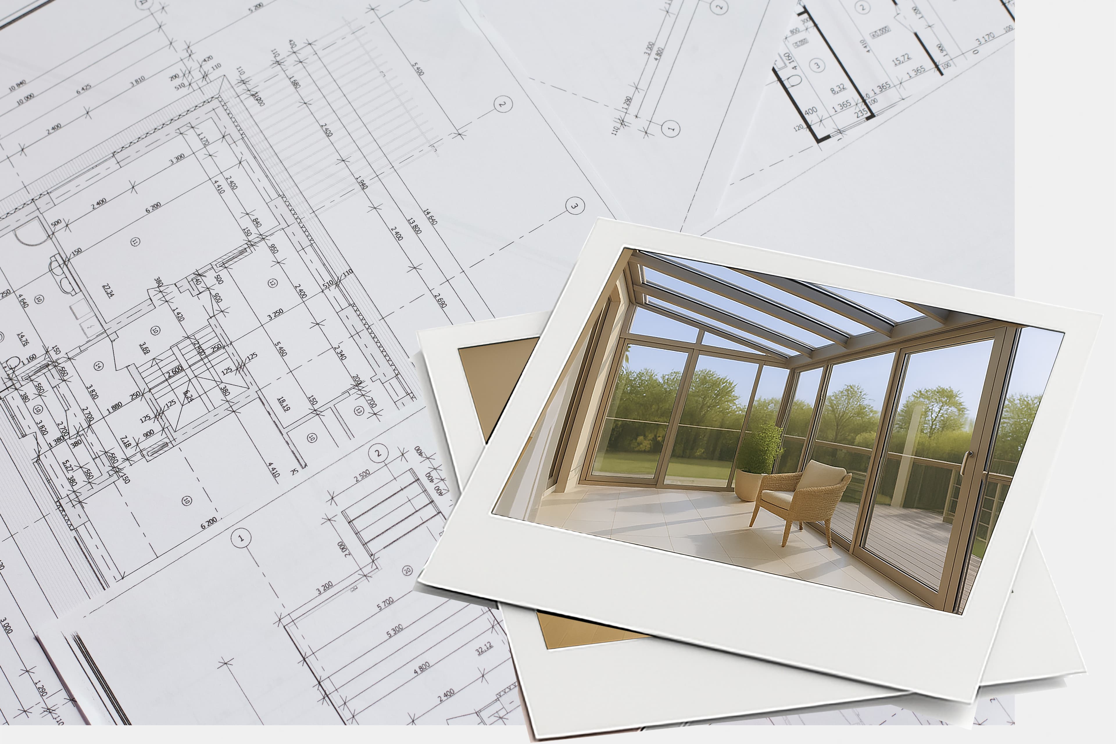Polaroid-Fotos, die eine sonnige, glasüberdachte Terrasse mit Stühlen zeigen, werden über Architekturentwürfe mit technischen Zeichnungen und Maßen gelegt.