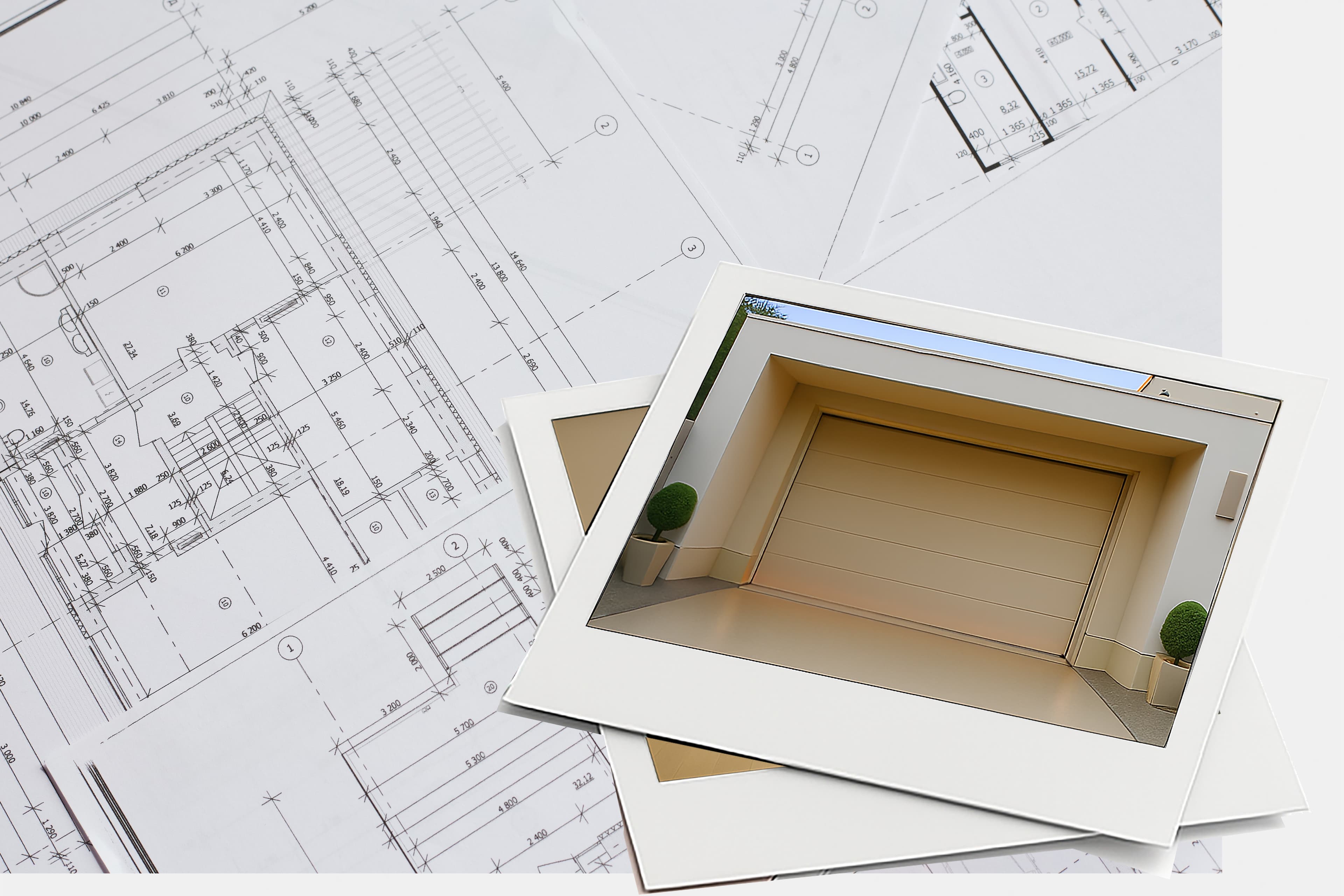 Mehrere architektonische Entwürfe werden mit zwei Sofortfotos darüber gezeigt; das obere Foto zeigt eine moderne Garageneinfahrt mit Topfpflanzen auf jeder Seite.