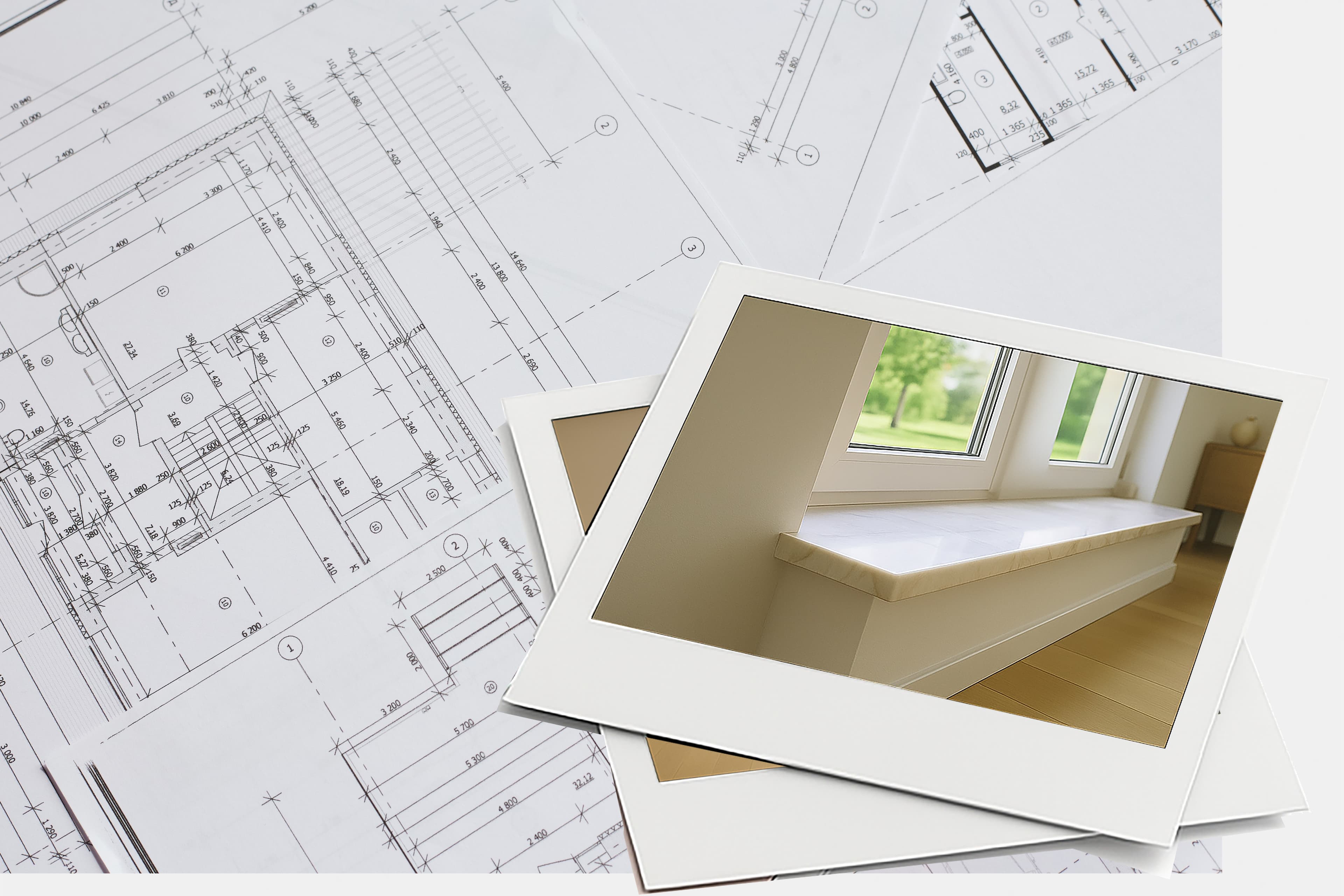 Fotografien eines Fensterplatzes werden über architektonische Entwürfe gelegt, die auf ein Innenarchitektur- oder Renovierungsprojekt hinweisen.