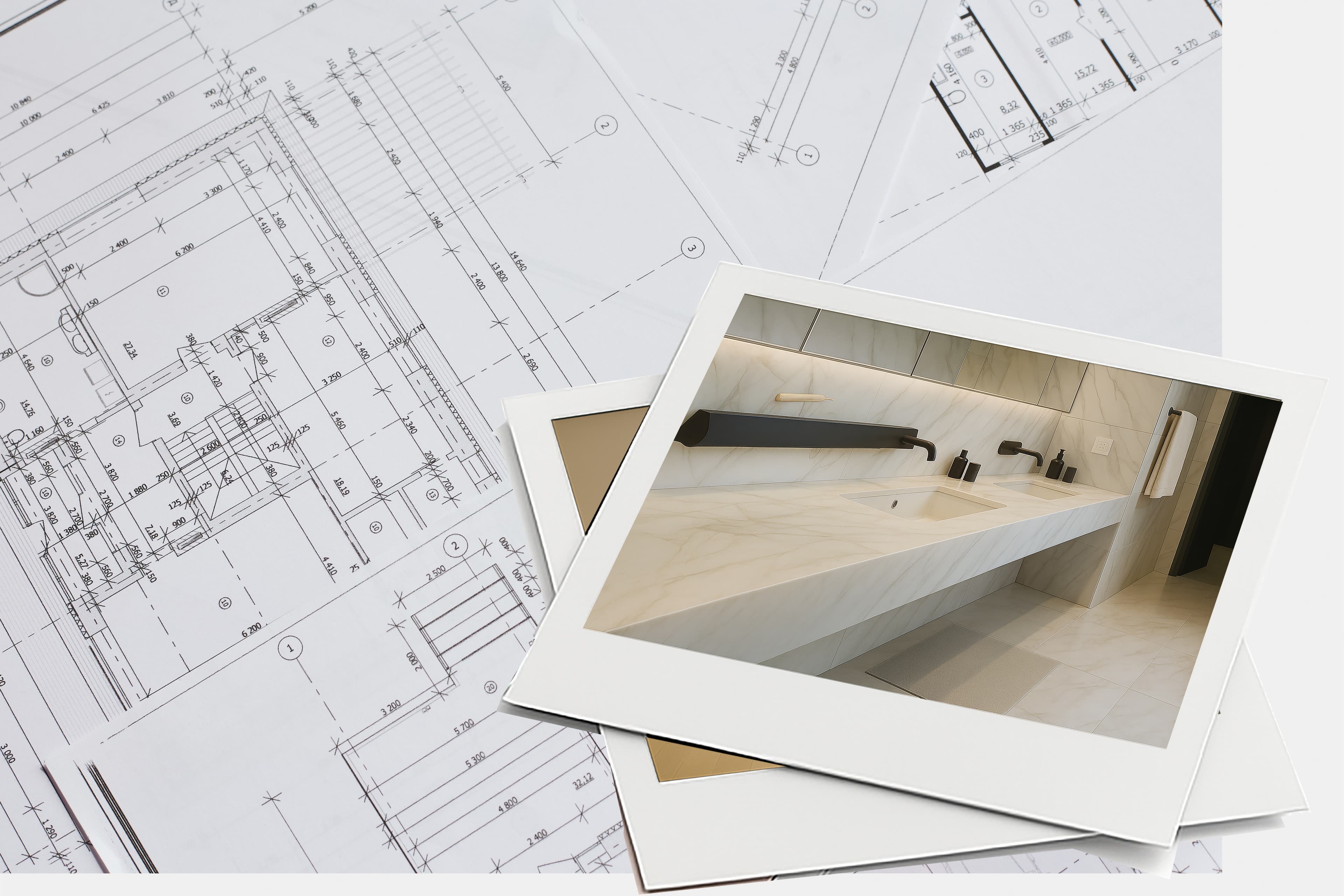 Foto van een moderne badkamer met een marmeren wastafel bovenop bouwkundige blauwdrukken, wat een verband suggereert tussen interieurontwerp en bouwplanning.