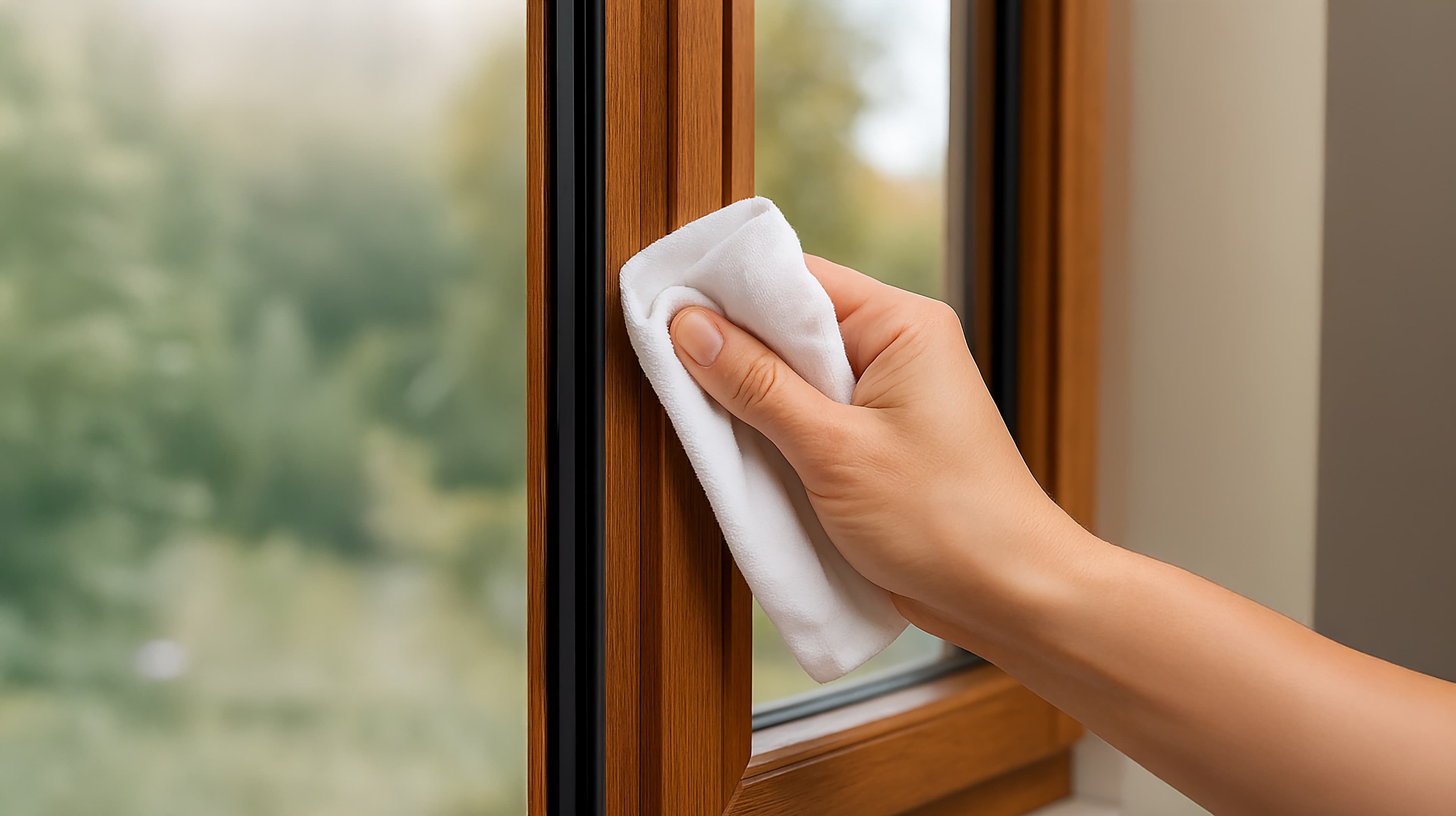 Eine Hand reinigt den hölzernen Rahmen eines Fensters mit einem weißen Tuch, durch das Glas ist eine verschwommene Szene im Freien zu sehen.