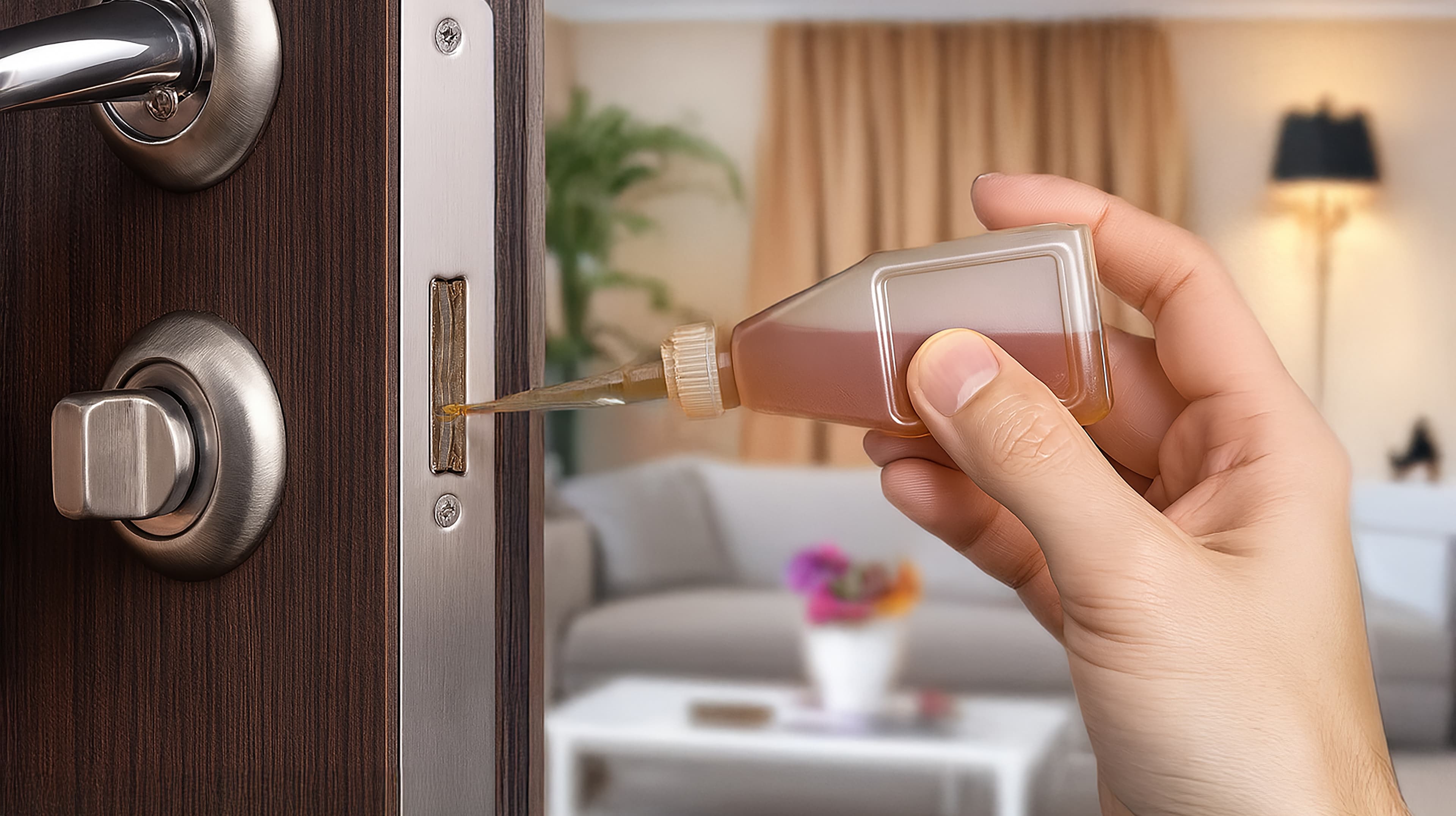 Eine Hand trägt Schmiermittel aus einer kleinen Squeeze-Flasche auf den Verriegelungsmechanismus eines Türschlosses auf. Im Hintergrund ist ein verschwommenes Wohnzimmer mit Sofa, Tisch und Lampe zu sehen.