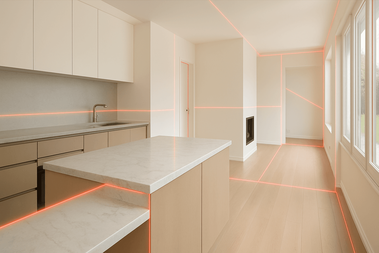 Cuisine minimaliste avec des armoires et des planchers en bois clair, un îlot en marbre blanc et des lignes laser rouges marquant les murs, le plafond et les surfaces, soulignant la géométrie de la pièce et son design épuré. La lumière naturelle pénètre par de grandes fenêtres.