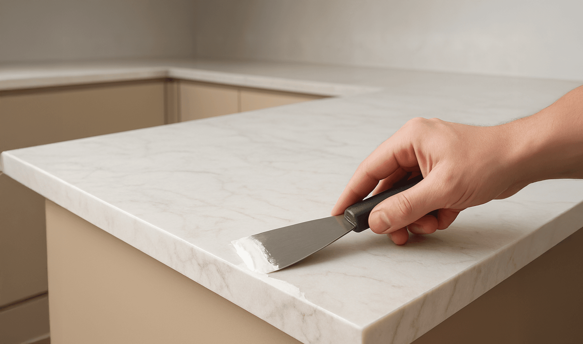 Une main utilise un couteau à mastic pour appliquer ou lisser un mastic blanc sur le bord d'un comptoir en marbre clair dans une cuisine moderne.