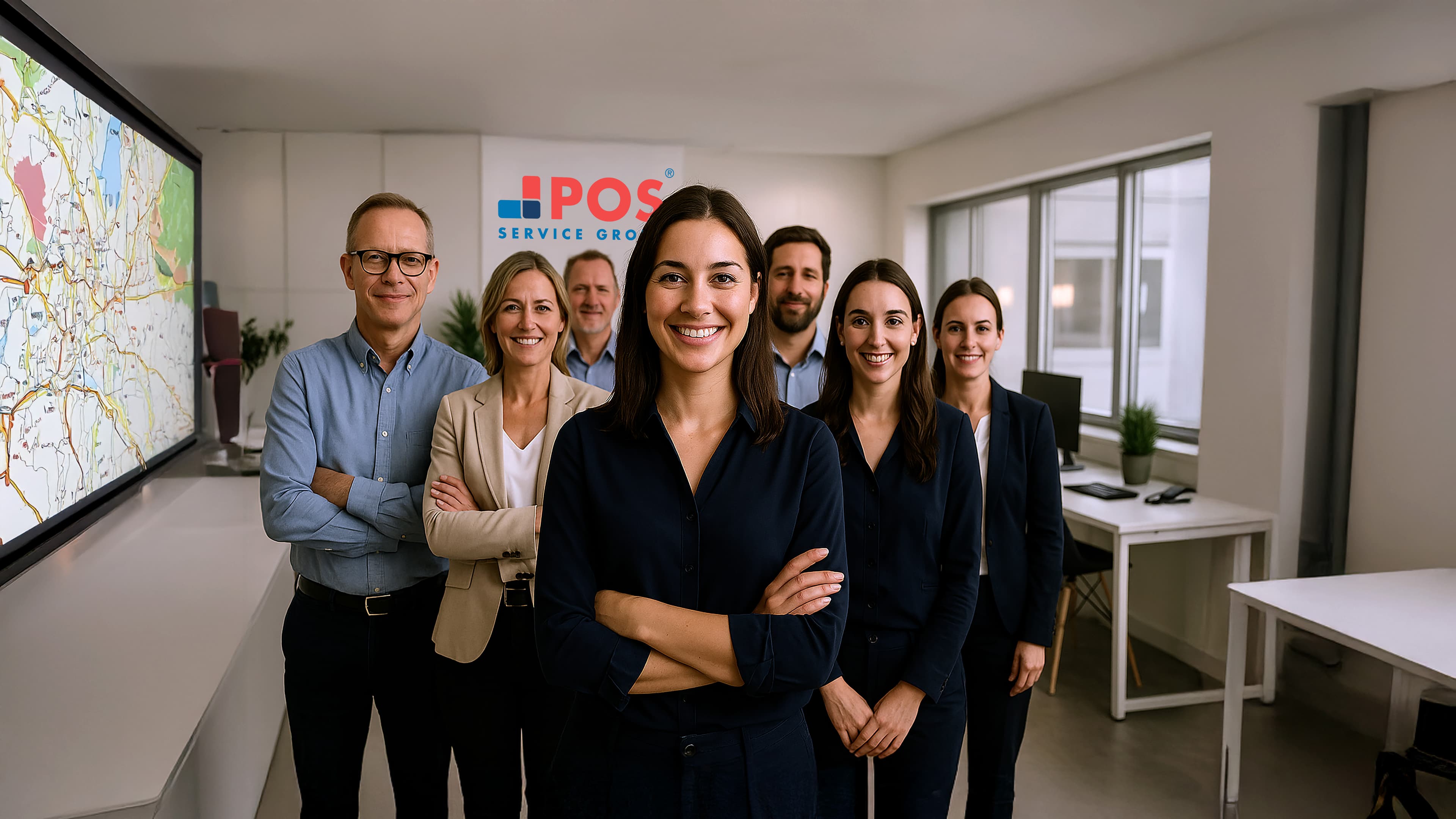 A group of seven professionally dressed people stand smiling in an office, with a large map on the wall and a POS Service Group sign in the background. The woman in front stands confidently with arms crossed.