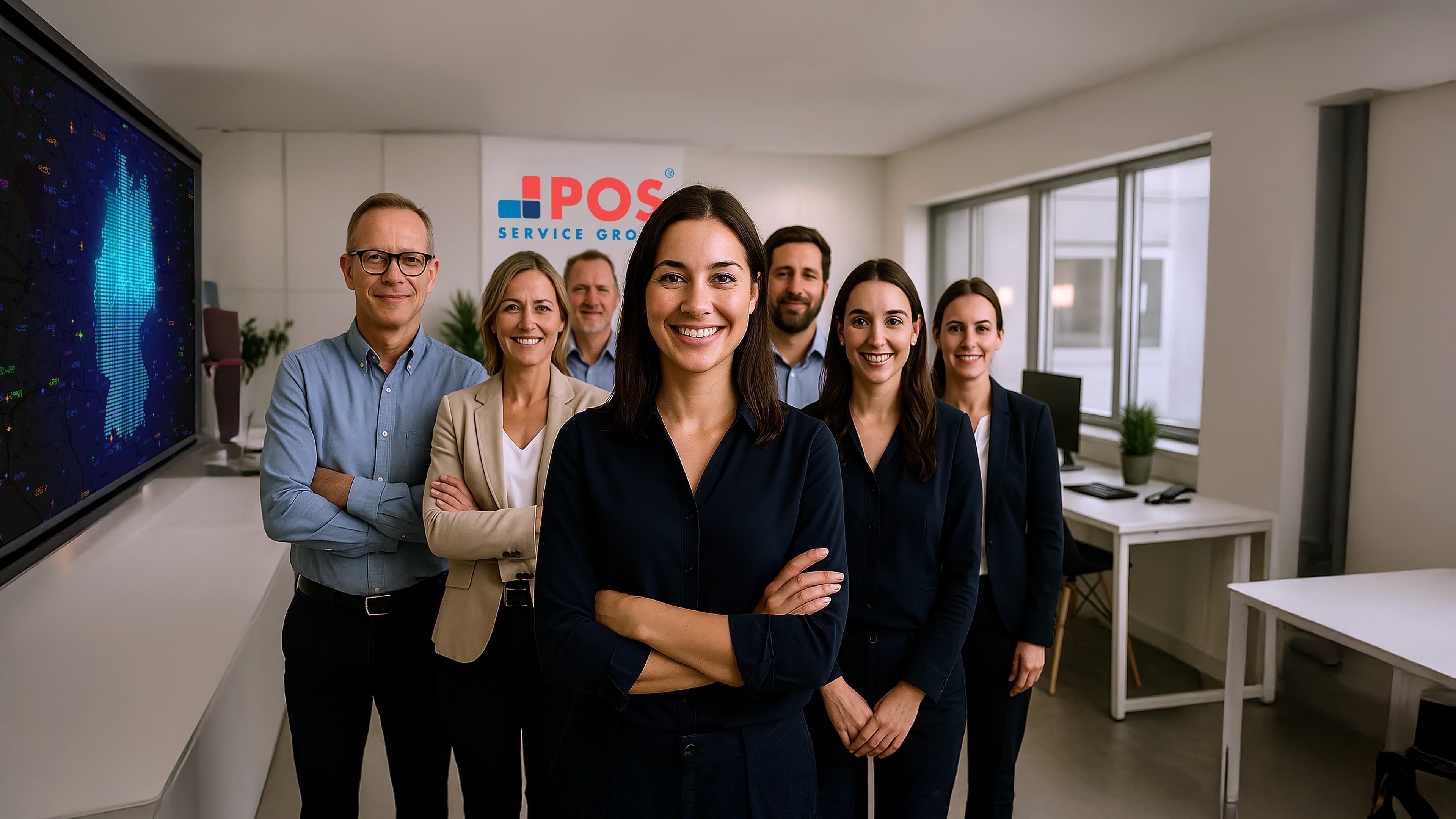 Eine Gruppe von sieben professionell gekleideten Personen, drei Männer und vier Frauen, steht lächelnd in einem Büro. Im Hintergrund sind ein Schild mit der Aufschrift POS Service Group und Büroschreibtische zu sehen.