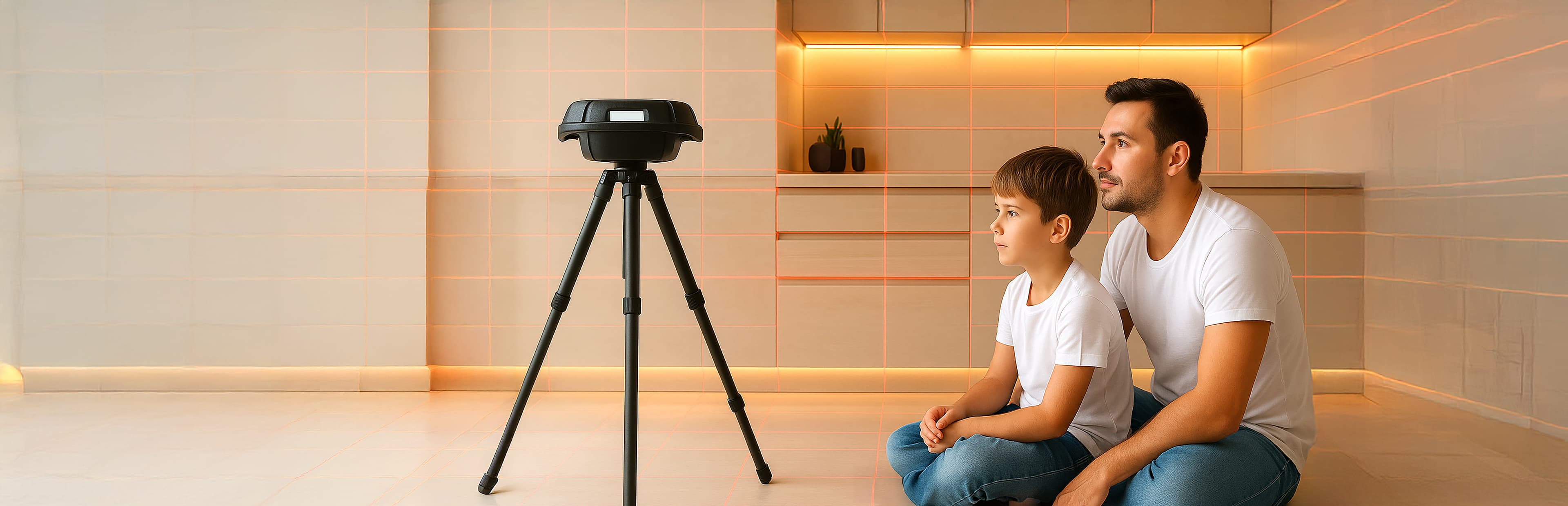 A man and a young boy sit cross-legged on the floor in a modern, softly lit room, attentively watching a device on a tripod positioned in front of them.