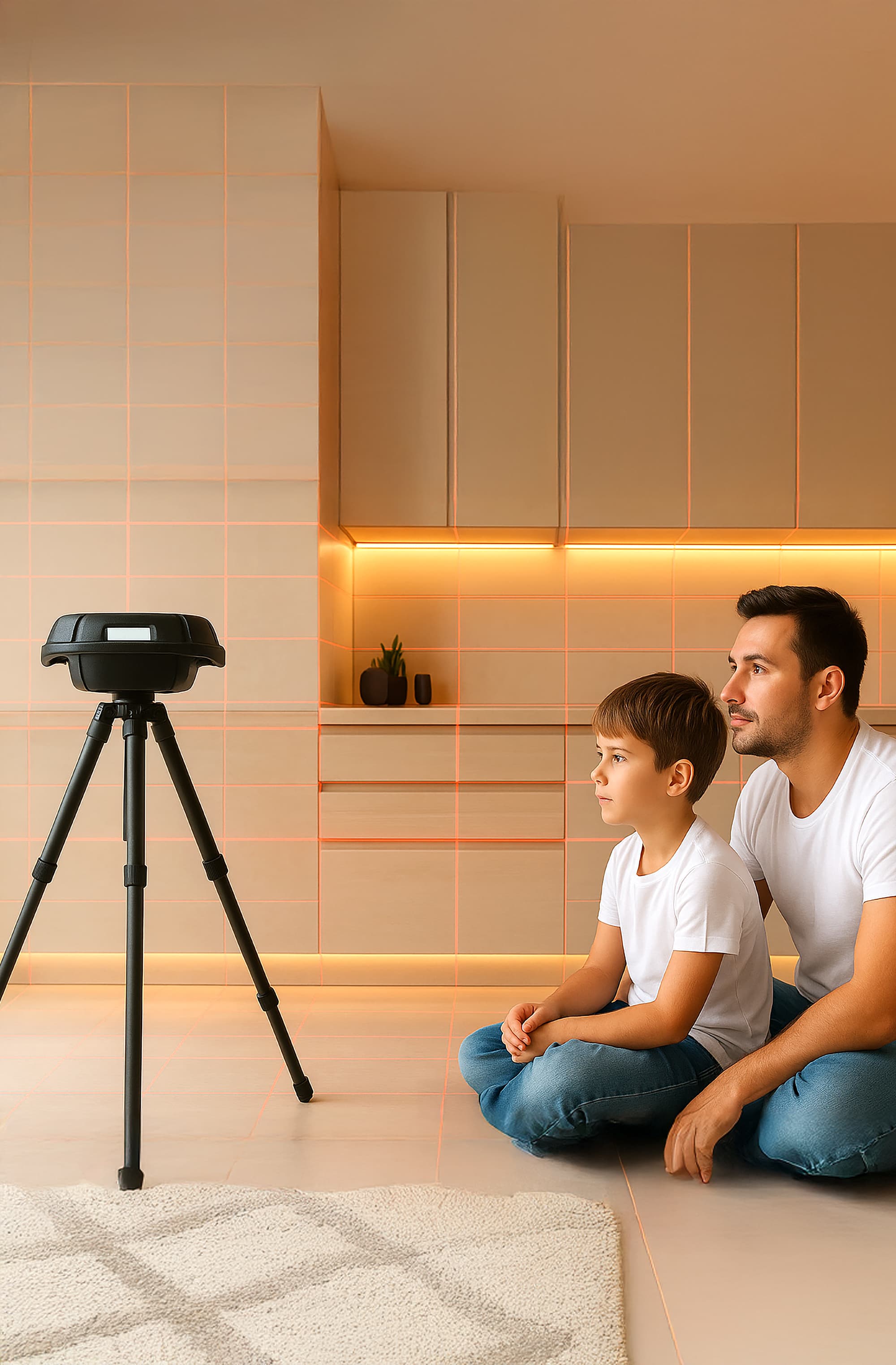 A man and a young boy sit on the floor in a modern, warmly-lit room, attentively watching a black device on a tripod in front of them. Both are wearing white shirts and blue jeans.