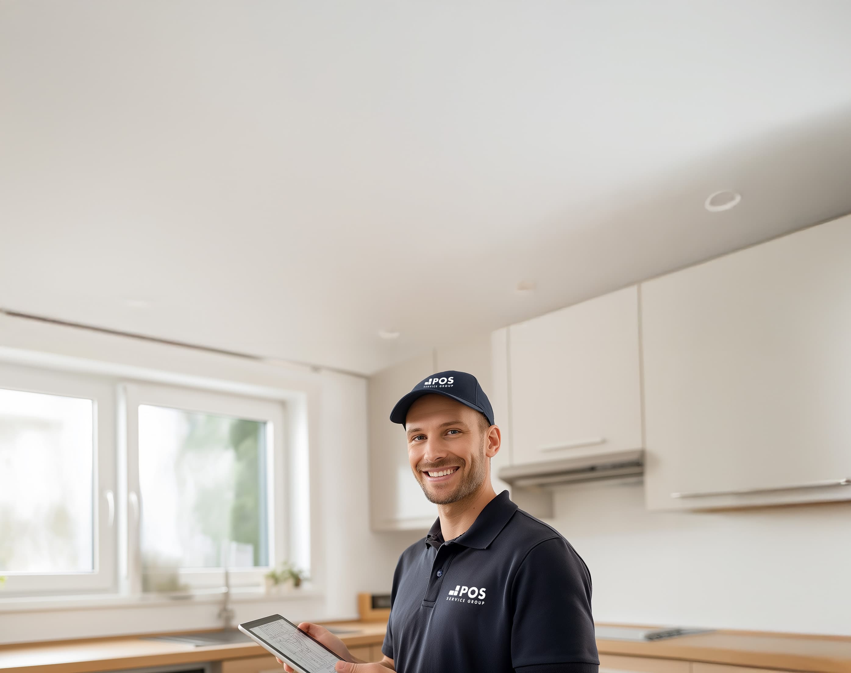 A smiling man in a black polo shirt and cap, holding a tablet, stands in a bright, modern kitchen with white cabinets and large windows.