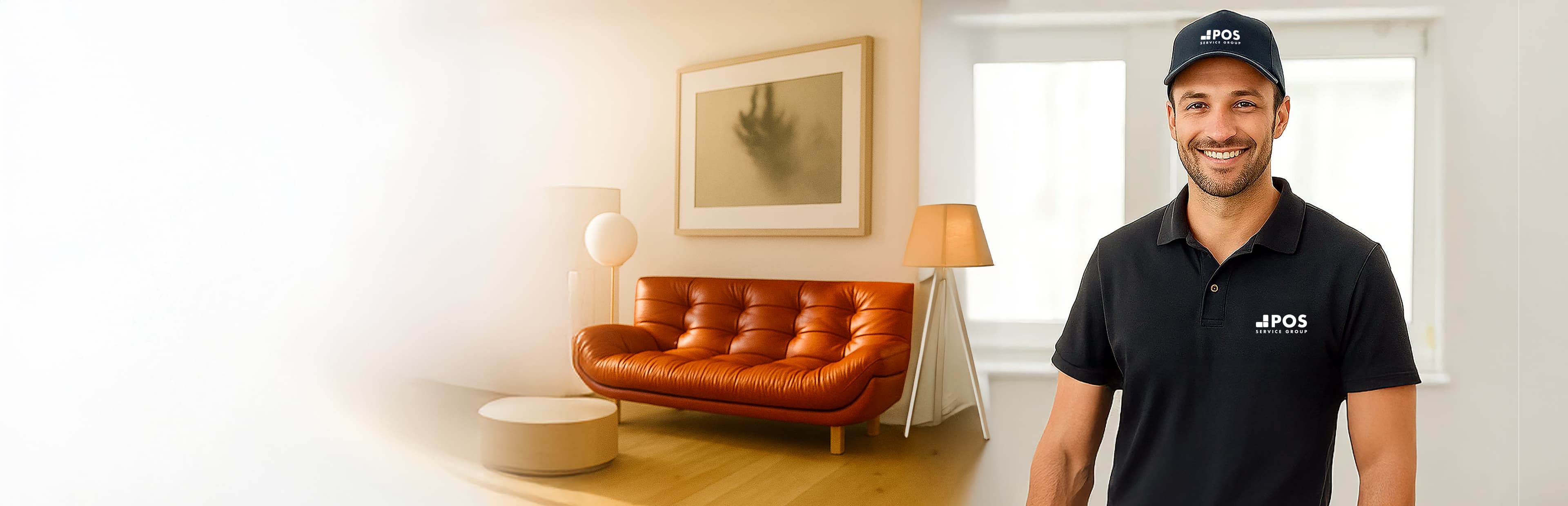 Ein lächelnder Zusteller in einem schwarzen Polohemd und einer Mütze mit POS-Logo steht in einem modernen Wohnzimmer mit einem braunen Ledersofa, Kunstwerken und gedämpfter Beleuchtung.
