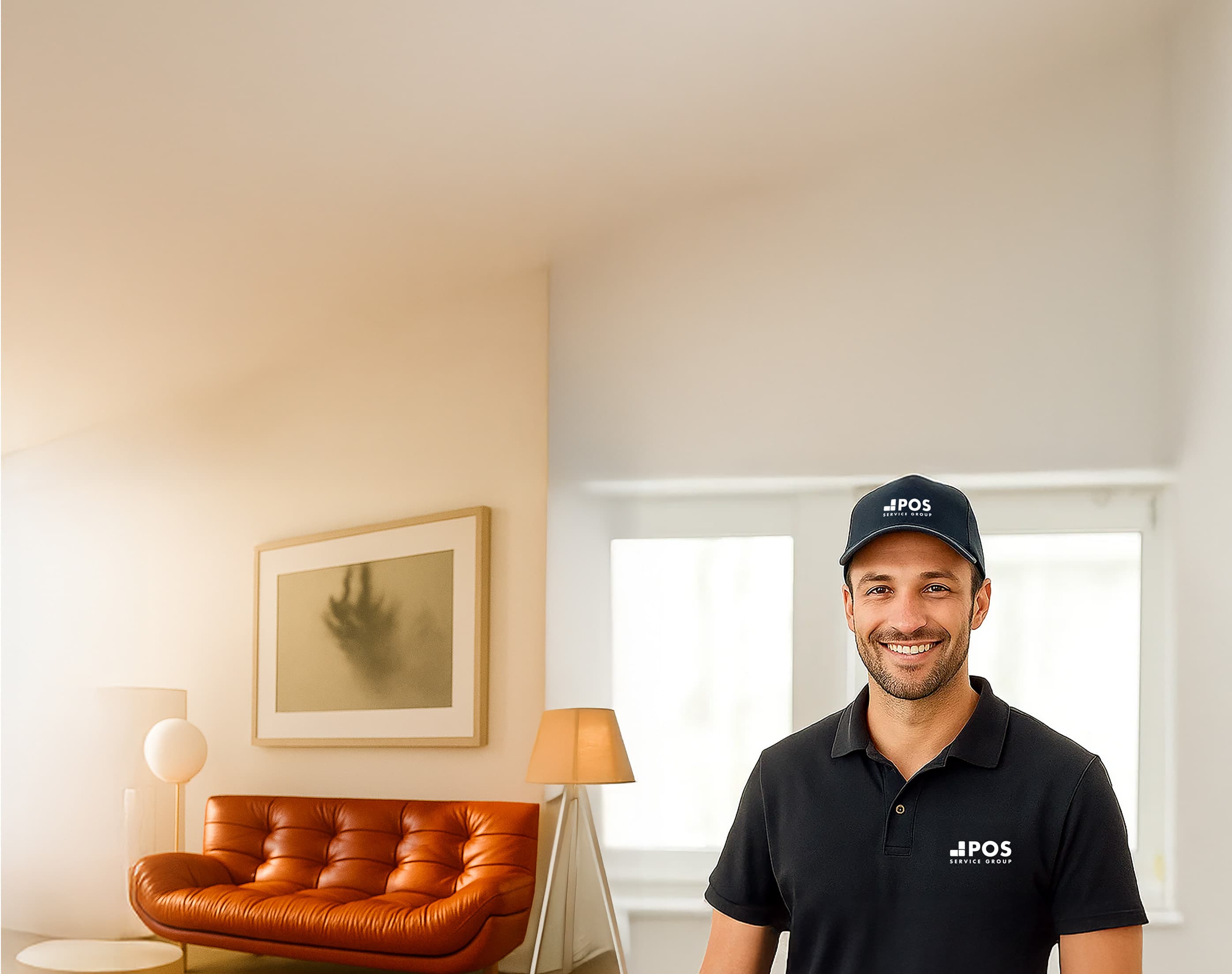 Ein lächelnder Mann in einem schwarzen Polohemd und einer Mütze mit "POS"-Logo steht in einem hellen, modernen Wohnzimmer mit einem braunen Ledersofa, einer Stehlampe und gerahmten Kunstwerken an der Wand.